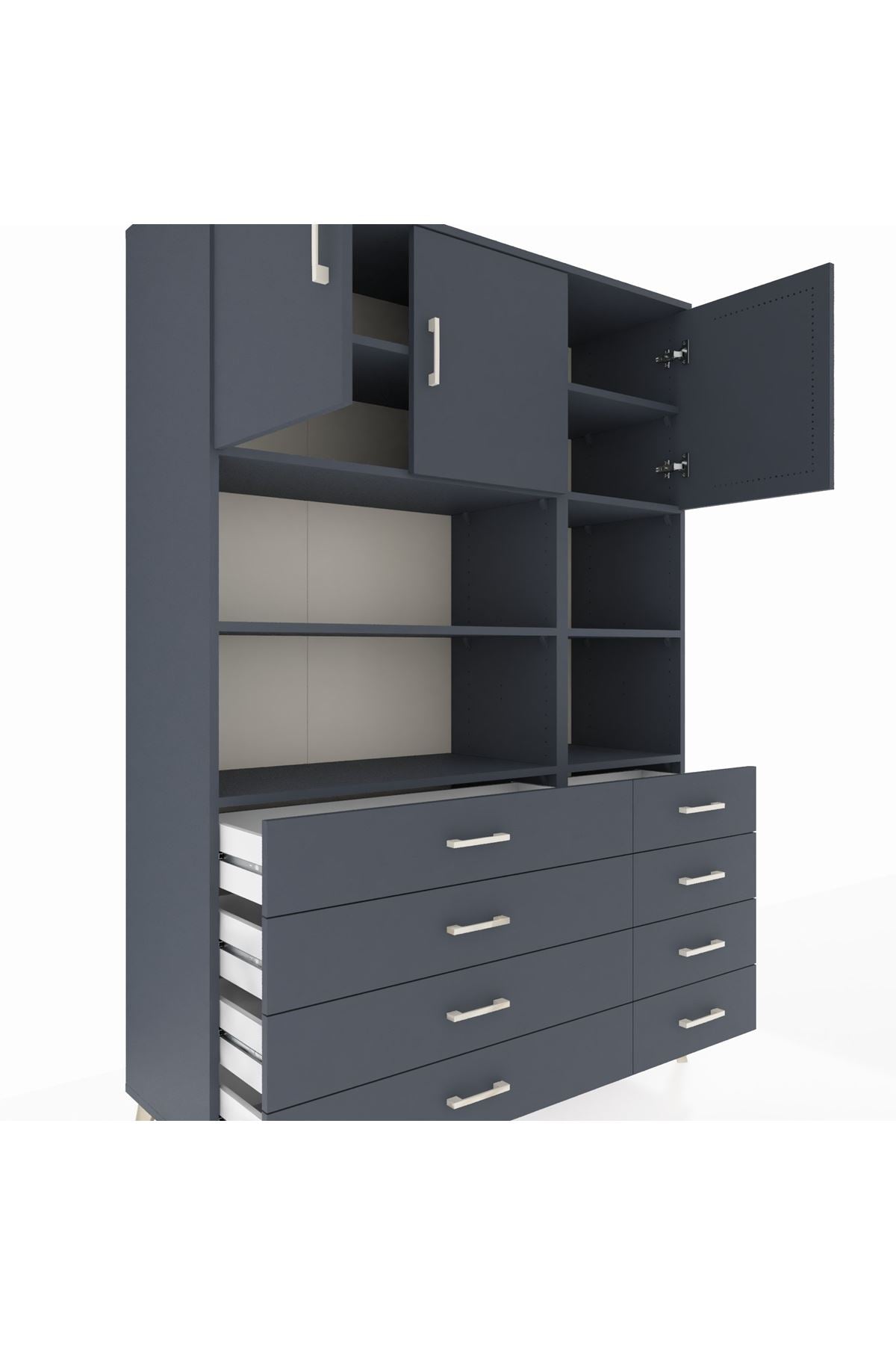 Hyperion Dolap 8 Raflı 8 Çekmeceli 3 Kapaklı 132x44x195 Antrasit-Antrasit/Antrasit