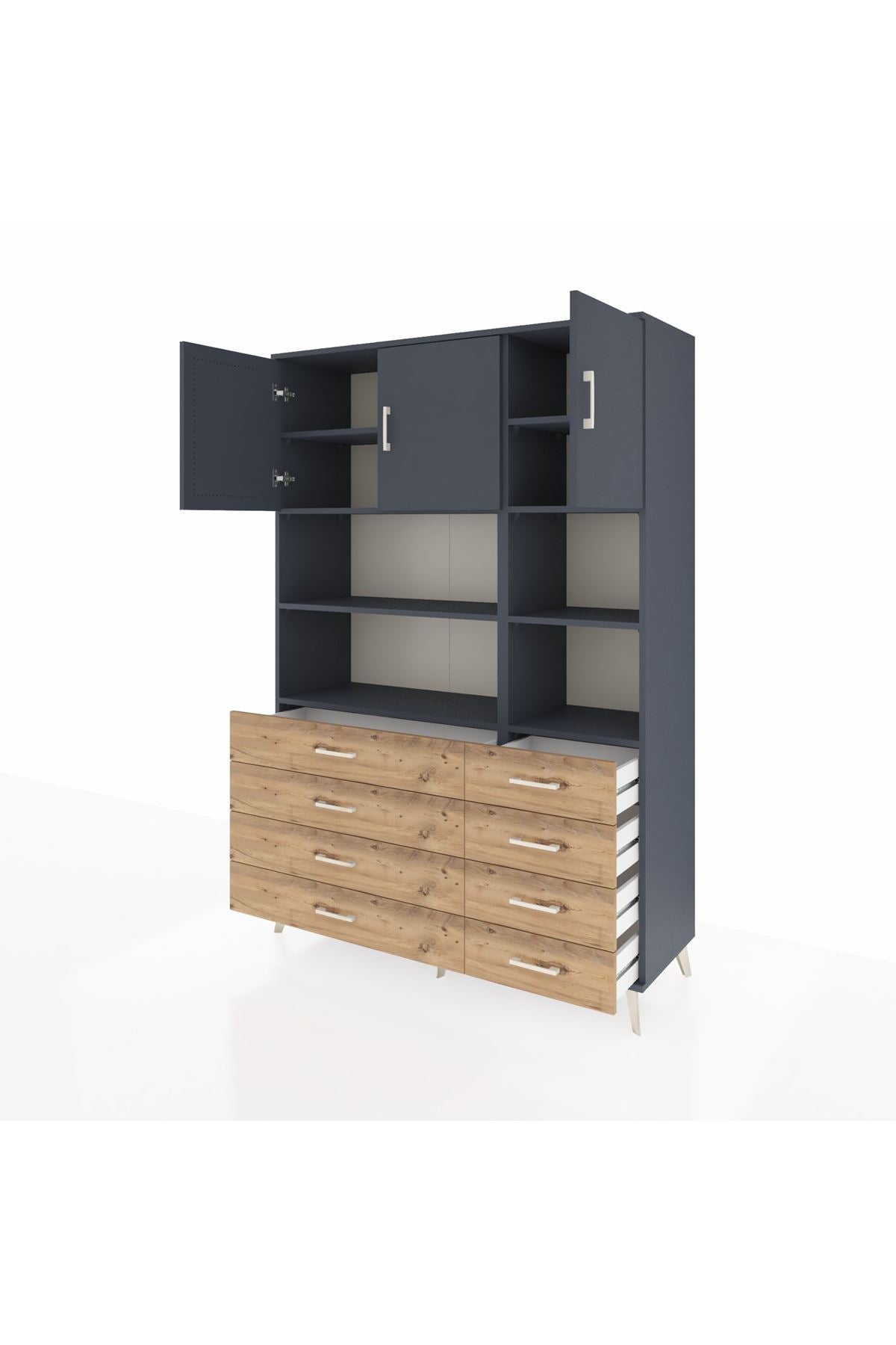 Hyperion Dolap 8 Raflı 8 Çekmeceli 3 Kapaklı 132x44x195 Antrasit-Antrasit/Çam