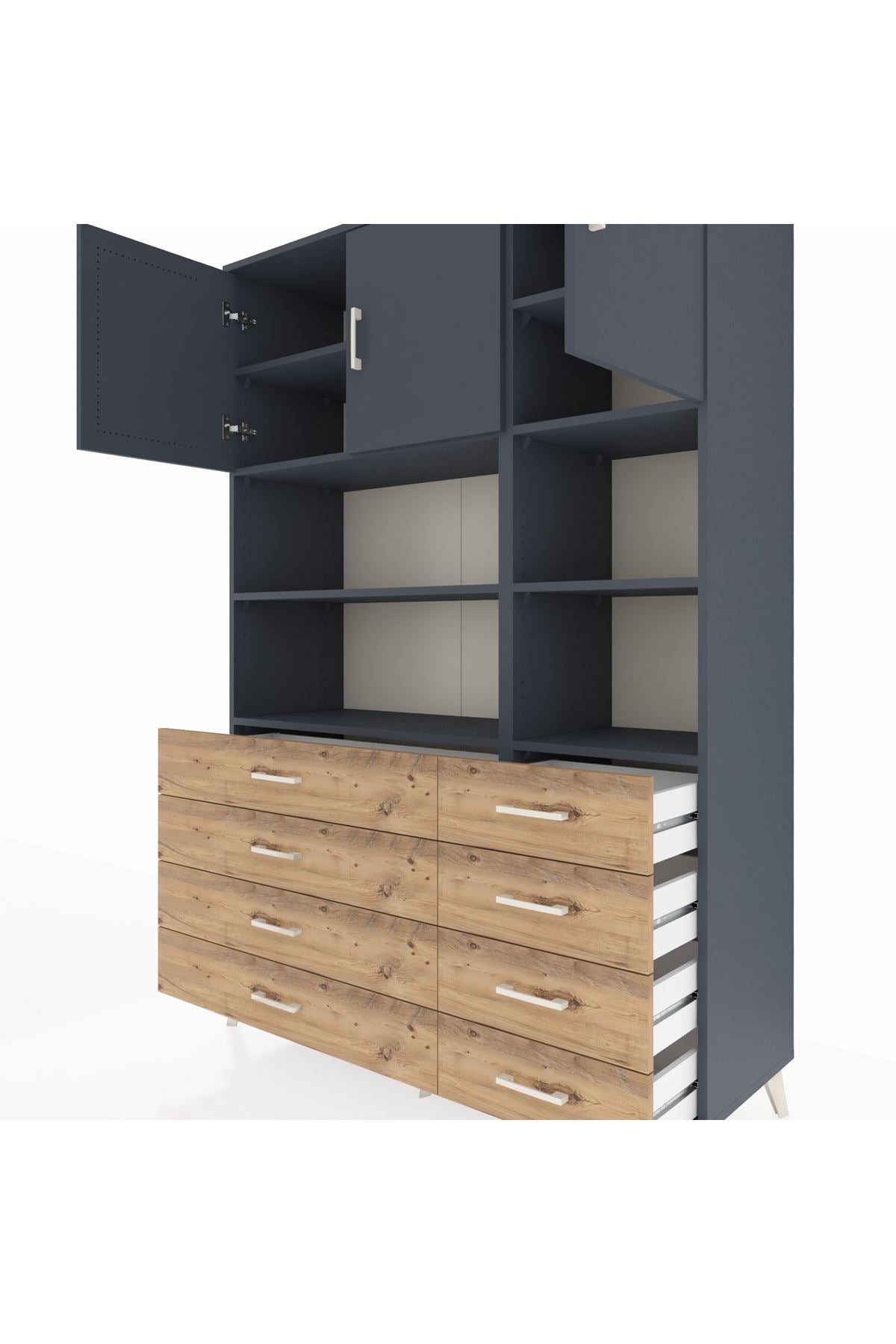 Hyperion Dolap 8 Raflı 8 Çekmeceli 3 Kapaklı 132x44x195 Antrasit-Antrasit/Çam