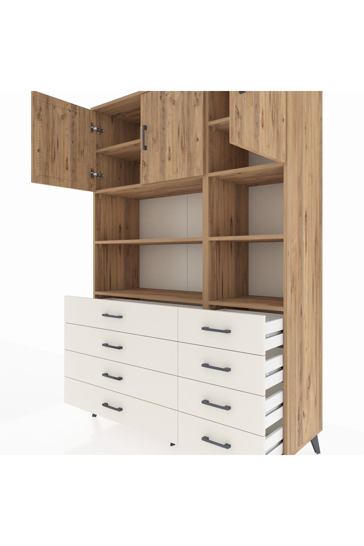 Hyperion Dolap 8 Raflı 8 Çekmeceli 3 Kapaklı 132x44x195 Çam-Çam/Aytaşı