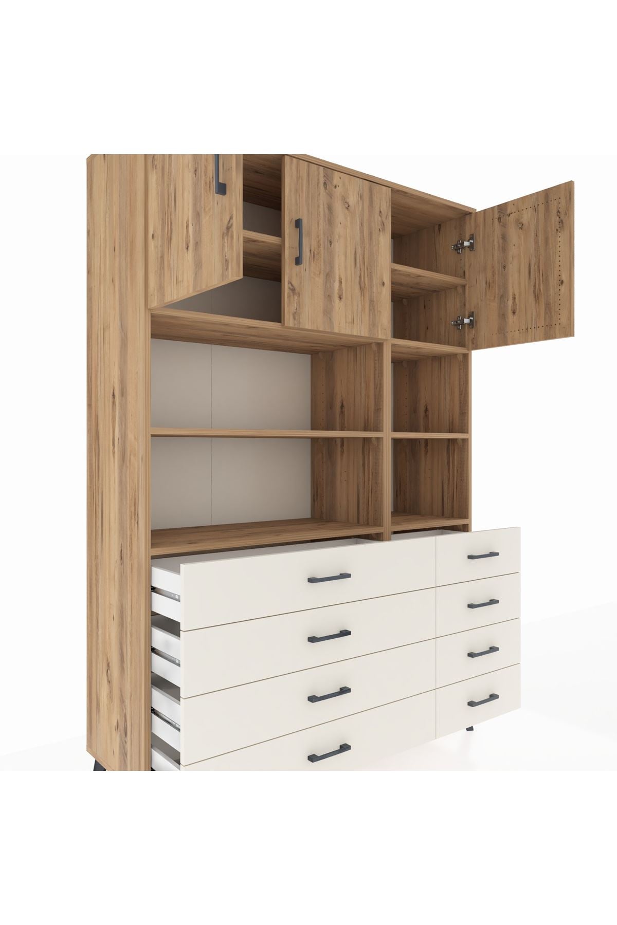 Hyperion Dolap 8 Raflı 8 Çekmeceli 3 Kapaklı 132x44x195 Çam-Çam/Aytaşı