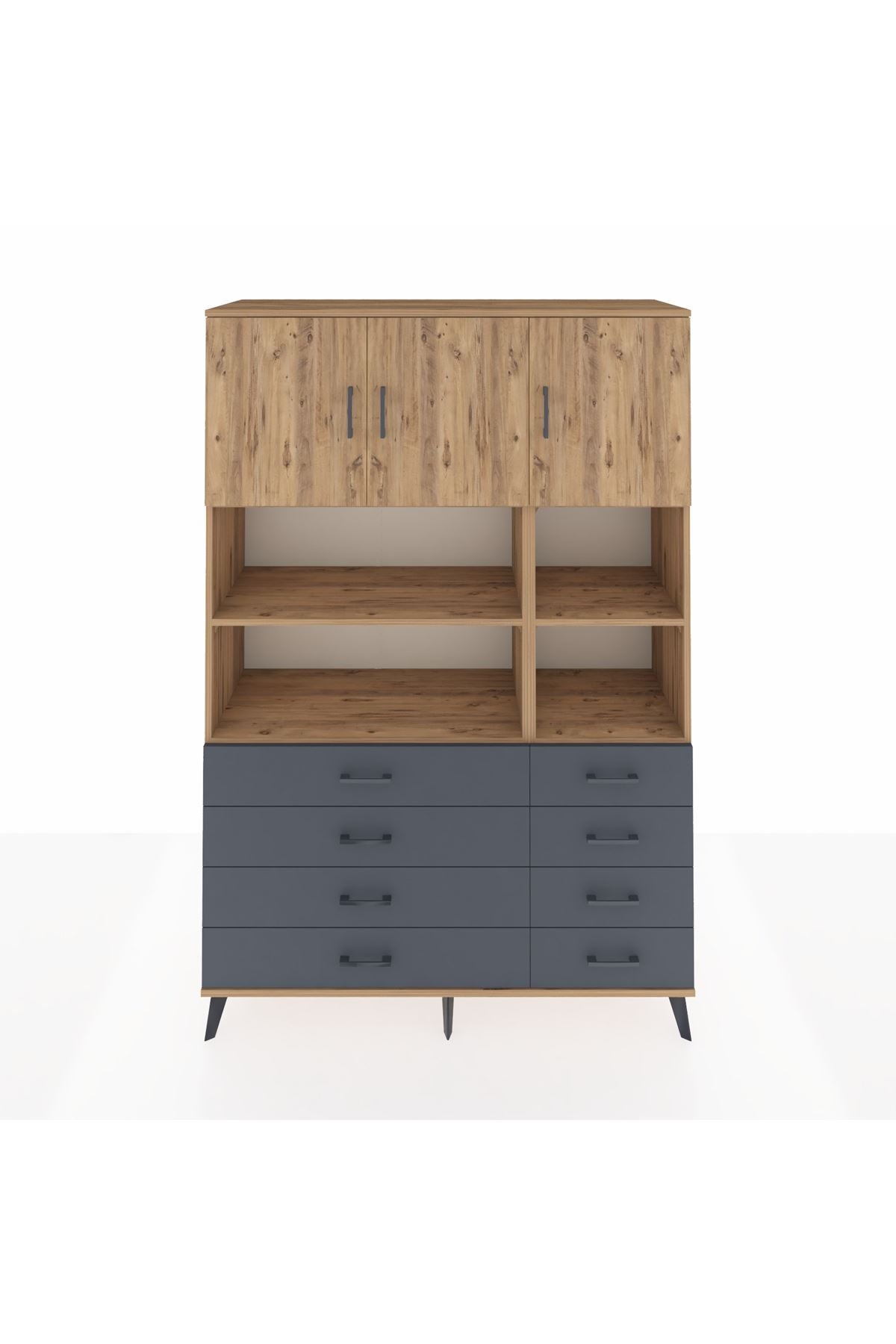 Hyperion Dolap 8 Raflı 8 Çekmeceli 3 Kapaklı 132x44x195 Çam-Çam/Antrasit