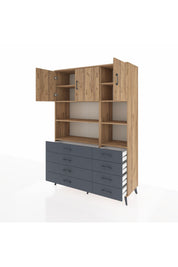 Hyperion Dolap 8 Raflı 8 Çekmeceli 3 Kapaklı 132x44x195 Çam-Çam/Antrasit