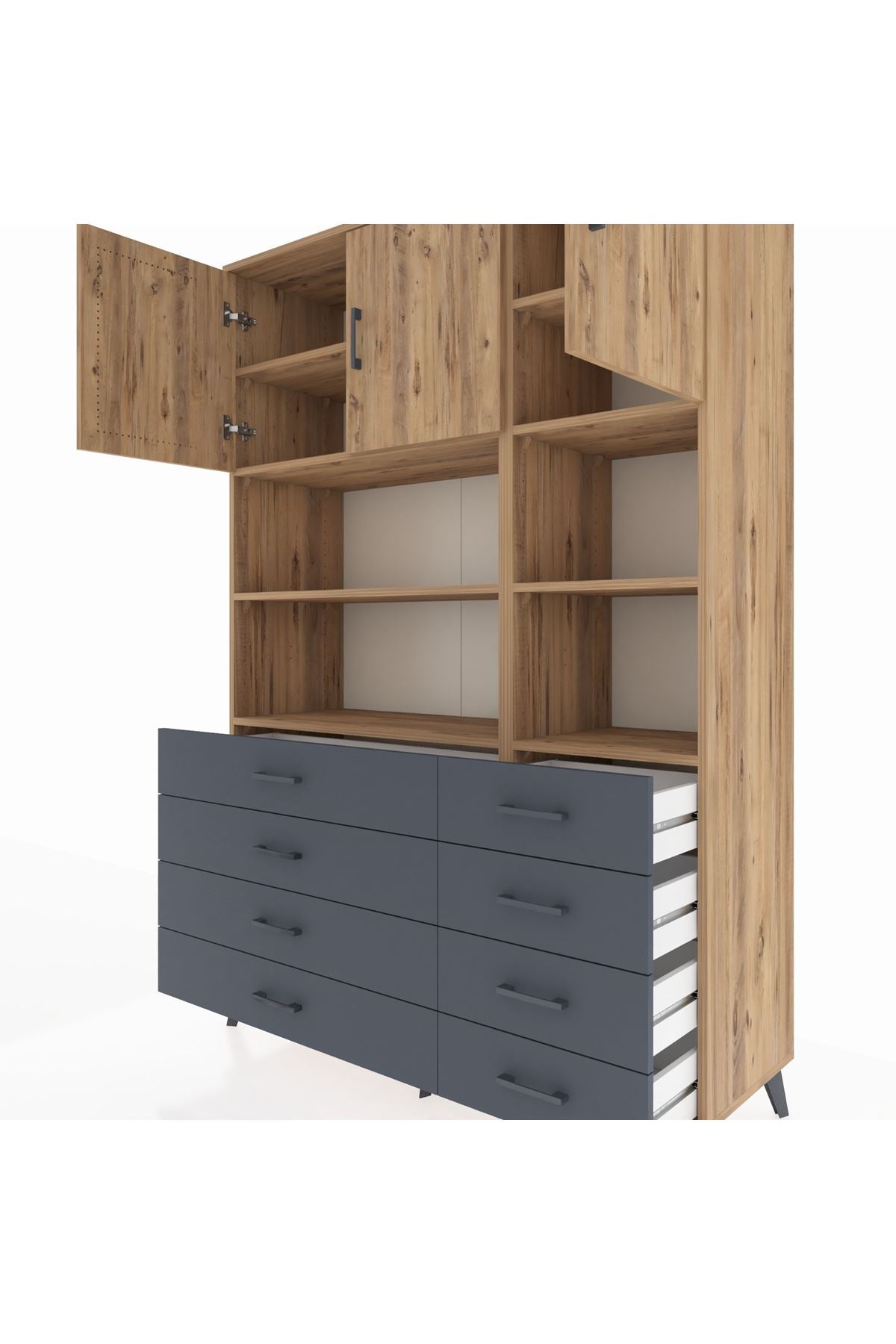Hyperion Dolap 8 Raflı 8 Çekmeceli 3 Kapaklı 132x44x195 Çam-Çam/Antrasit