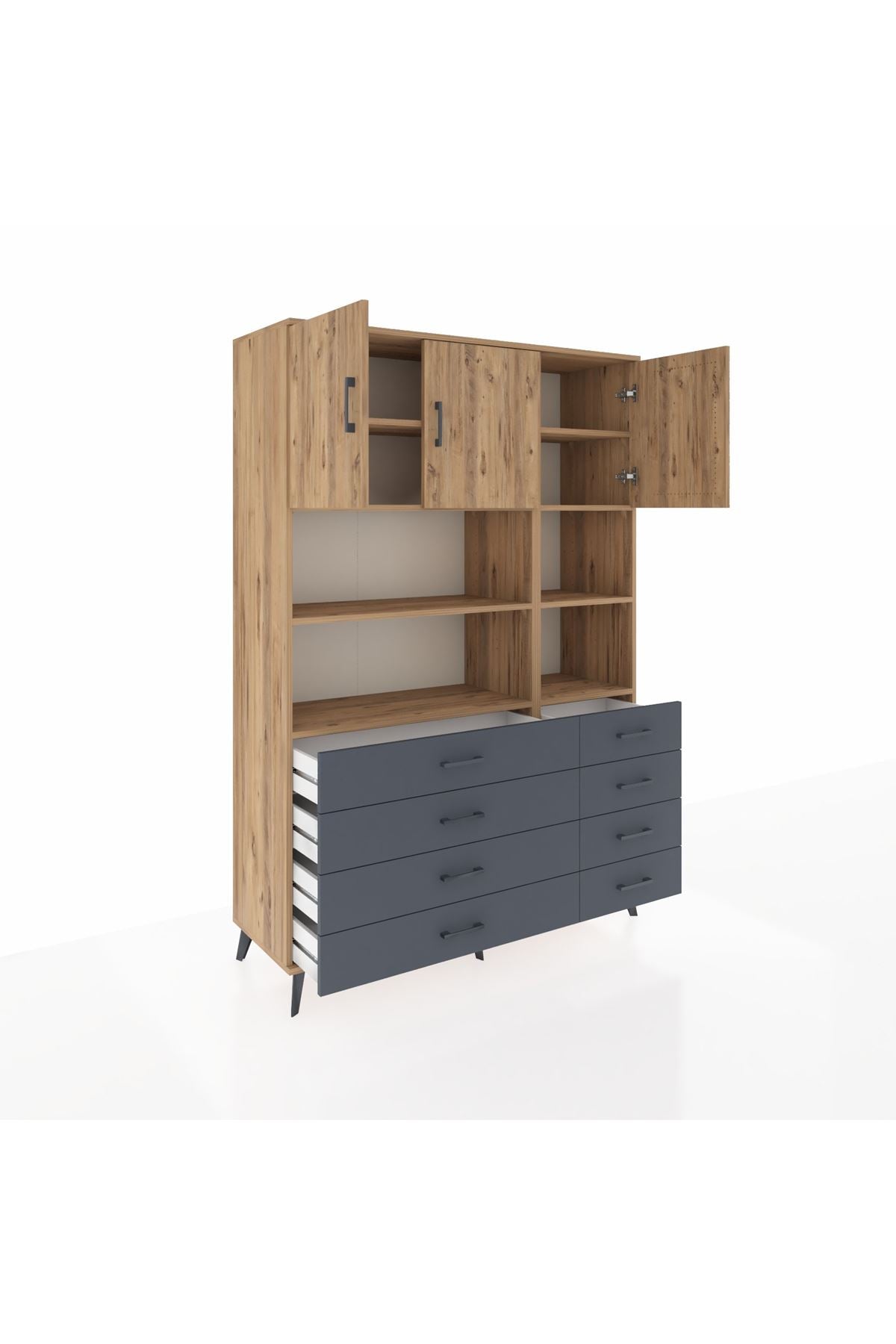 Hyperion Dolap 8 Raflı 8 Çekmeceli 3 Kapaklı 132x44x195 Çam-Çam/Antrasit