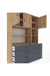 Hyperion Dolap 8 Raflı 8 Çekmeceli 3 Kapaklı 132x44x195 Çam-Çam/Antrasit