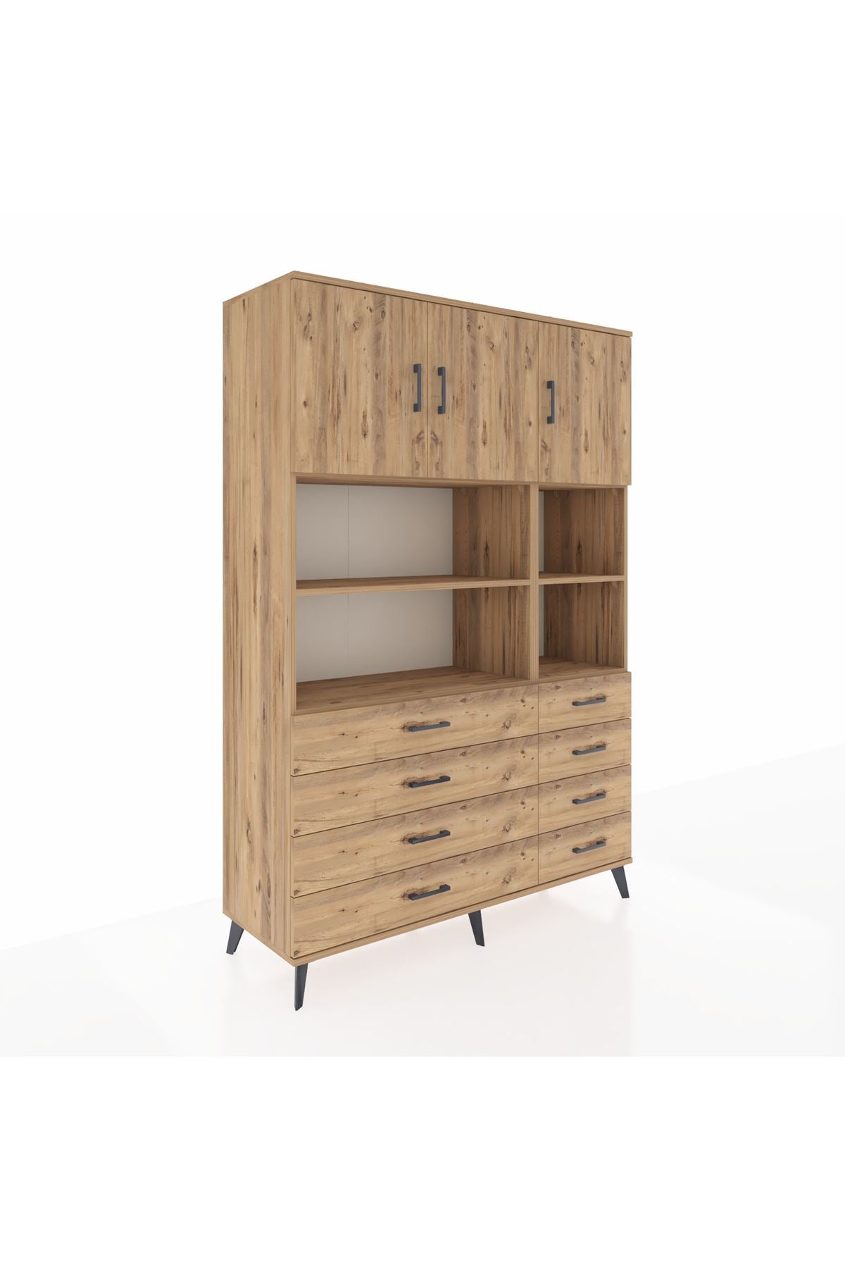 Hyperion Dolap 8 Raflı 8 Çekmeceli 3 Kapaklı 132x44x195 Çam-Çam/Çam