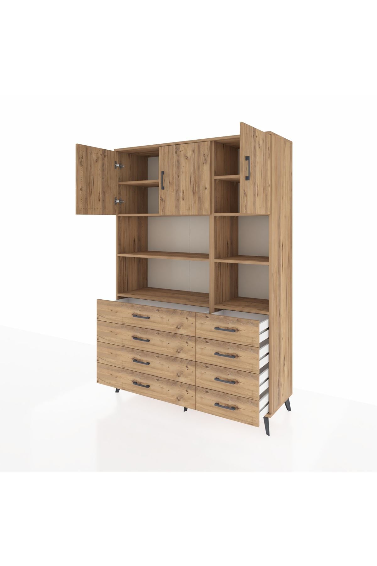 Hyperion Dolap 8 Raflı 8 Çekmeceli 3 Kapaklı 132x44x195 Çam-Çam/Çam