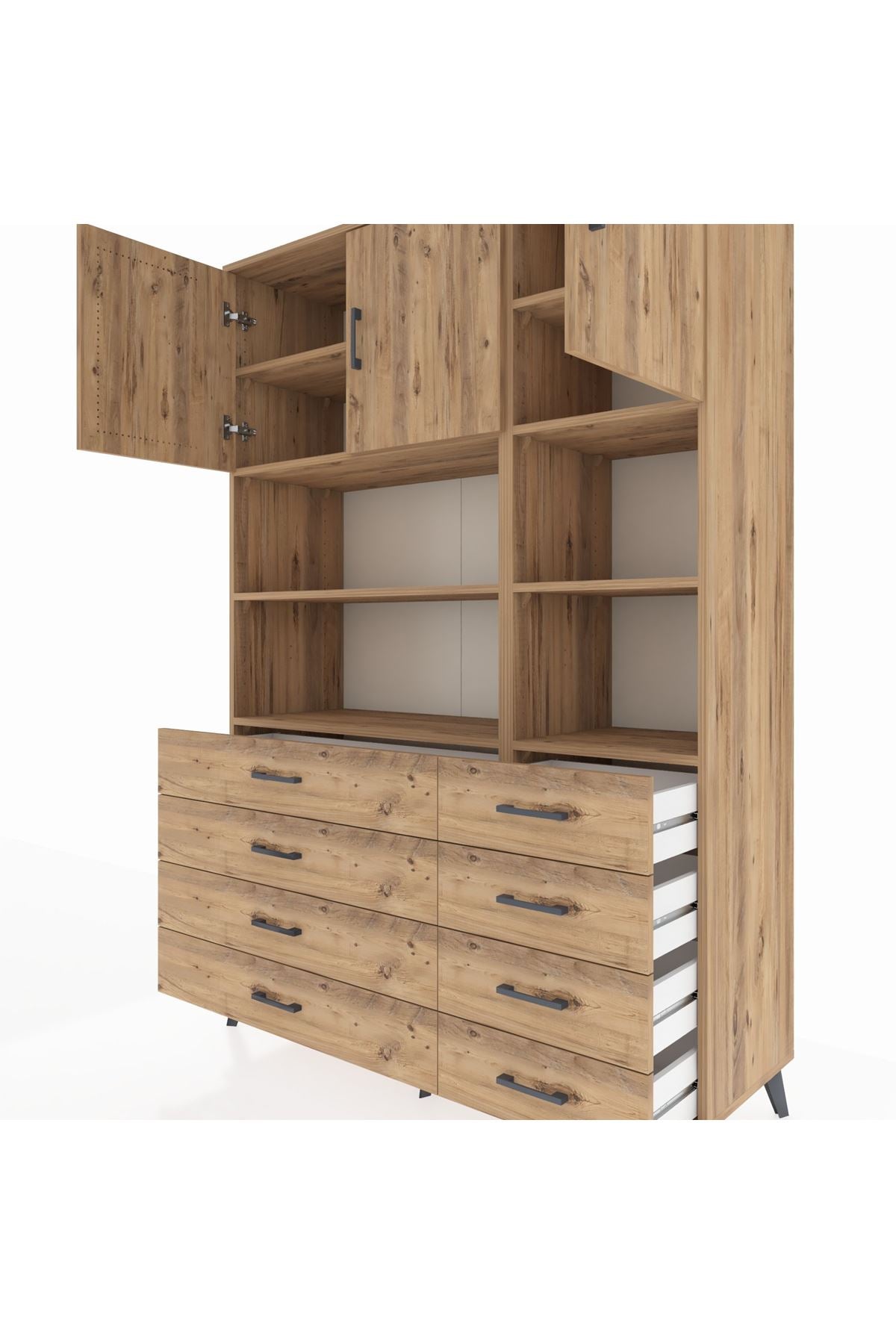 Hyperion Dolap 8 Raflı 8 Çekmeceli 3 Kapaklı 132x44x195 Çam-Çam/Çam