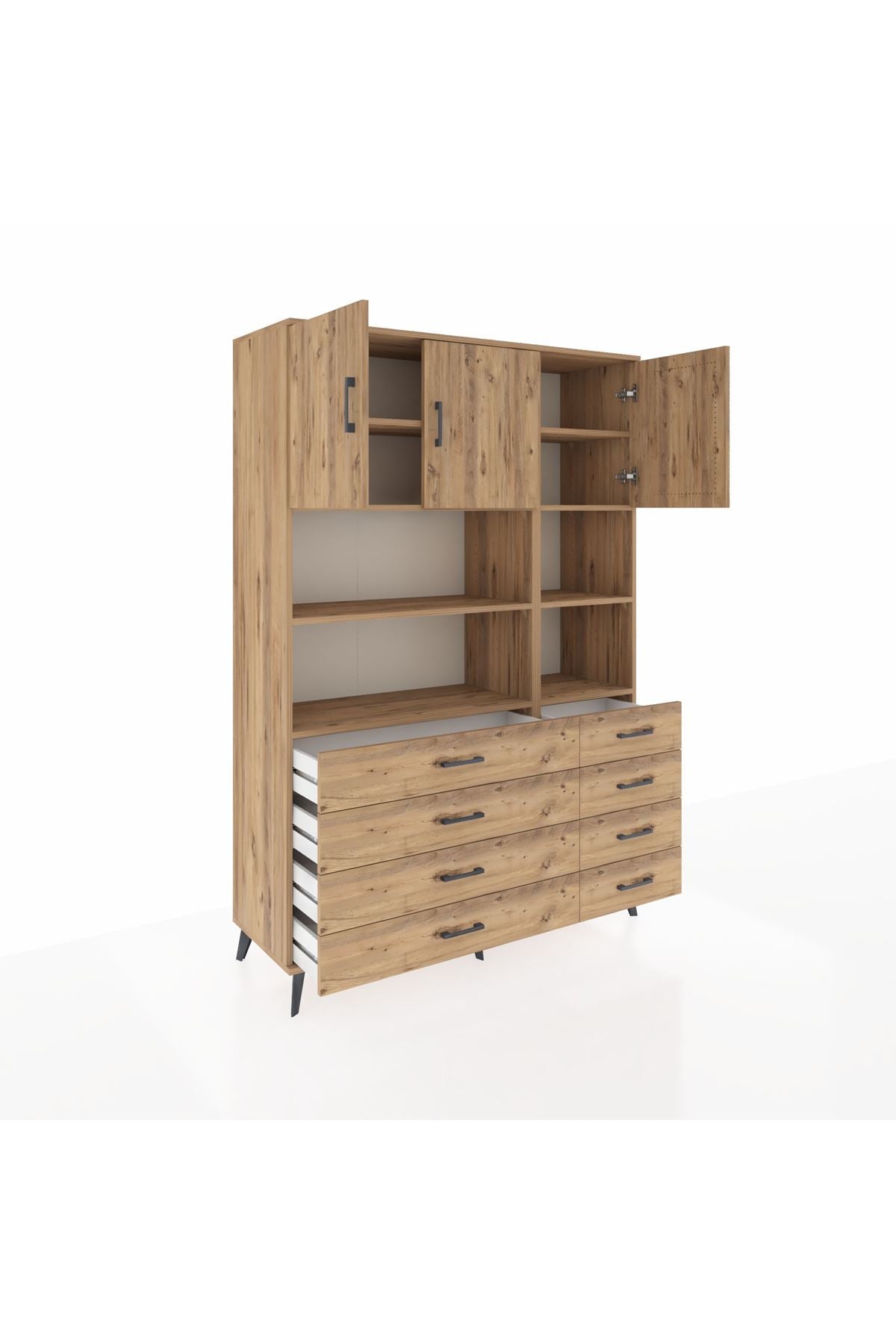 Hyperion Dolap 8 Raflı 8 Çekmeceli 3 Kapaklı 132x44x195 Çam-Çam/Çam