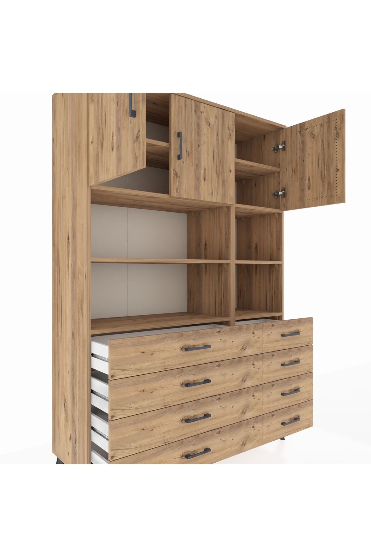 Hyperion Dolap 8 Raflı 8 Çekmeceli 3 Kapaklı 132x44x195 Çam-Çam/Çam