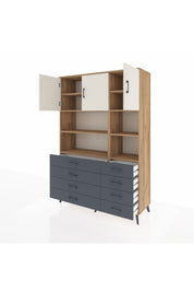 Hyperion Dolap 8 Raflı 8 Çekmeceli 3 Kapaklı 132x44x195 Çam-Aytaşı/Antrasit