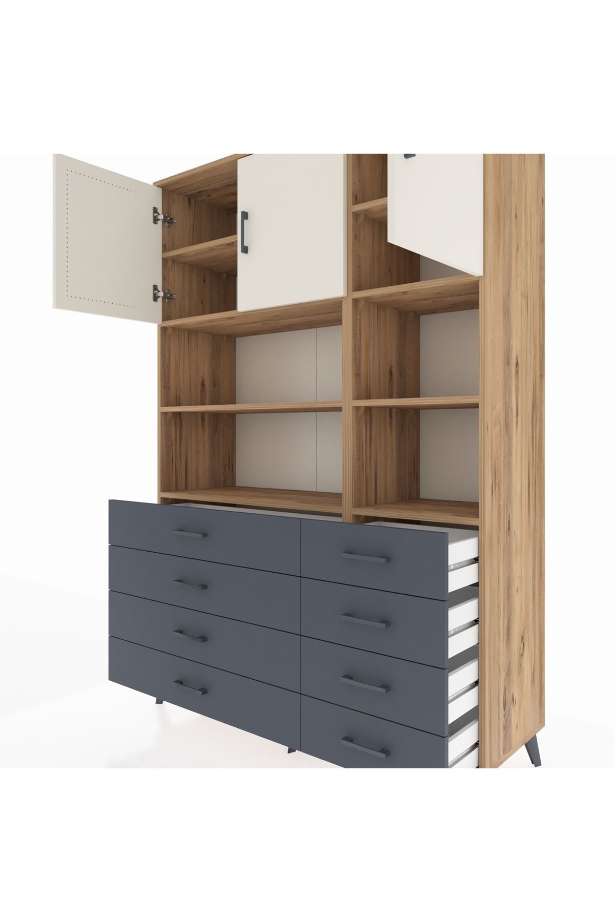 Hyperion Dolap 8 Raflı 8 Çekmeceli 3 Kapaklı 132x44x195 Çam-Aytaşı/Antrasit