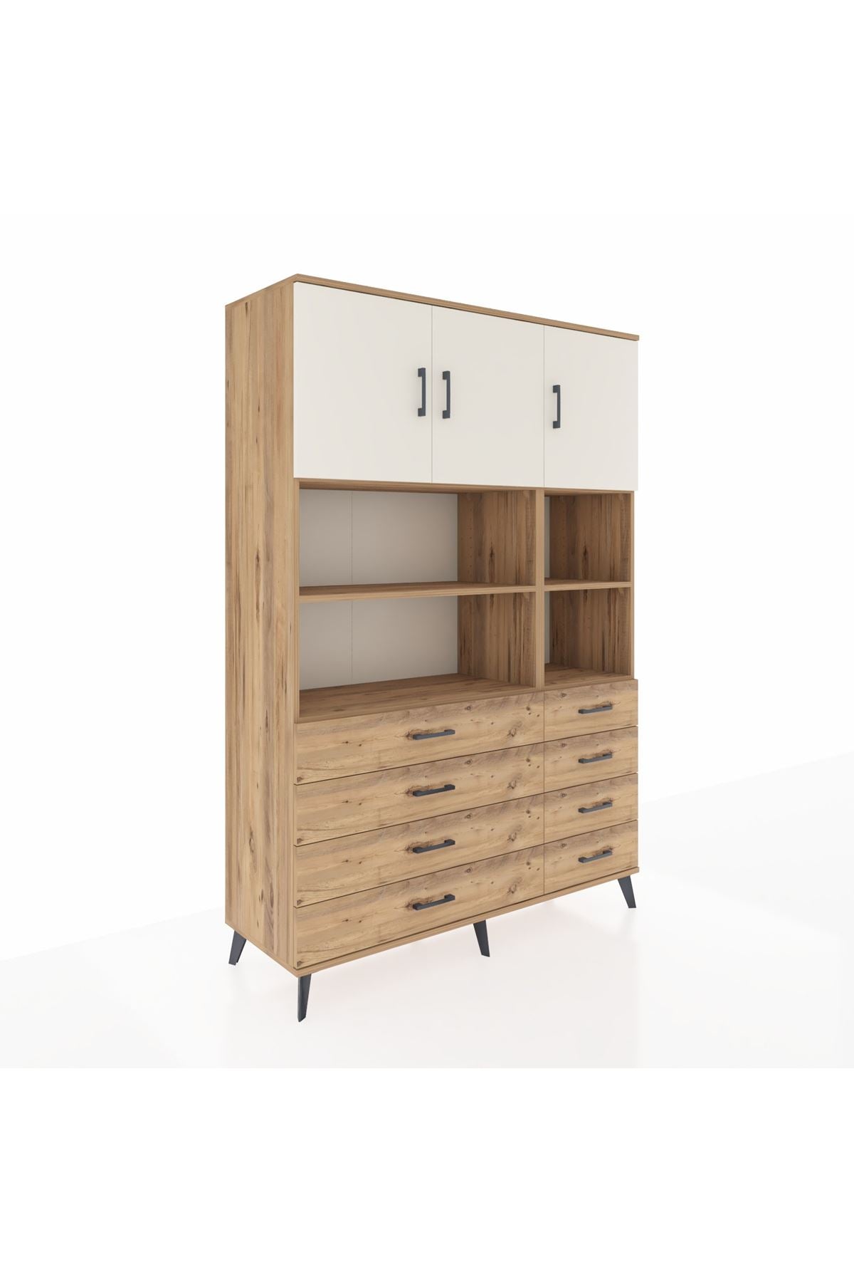 Hyperion Dolap 8 Raflı 8 Çekmeceli 3 Kapaklı 132x44x195 Çam-Aytaşı/Çam