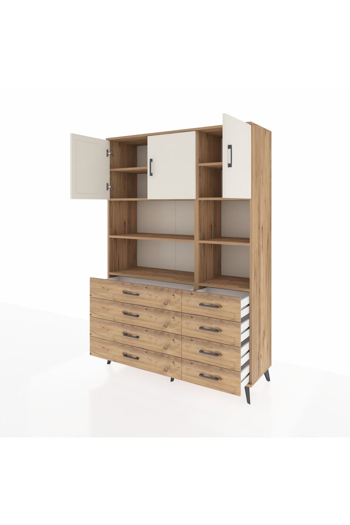 Hyperion Dolap 8 Raflı 8 Çekmeceli 3 Kapaklı 132x44x195 Çam-Aytaşı/Çam