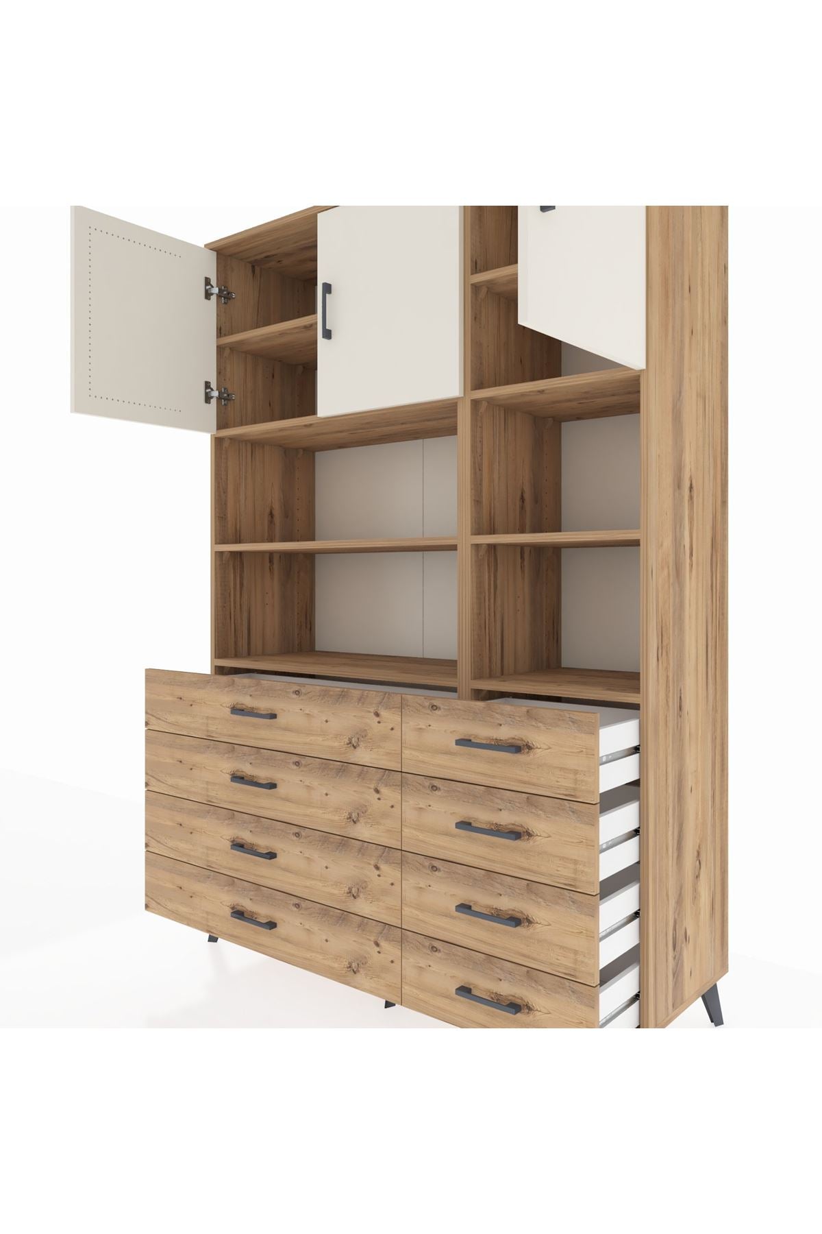 Hyperion Dolap 8 Raflı 8 Çekmeceli 3 Kapaklı 132x44x195 Çam-Aytaşı/Çam