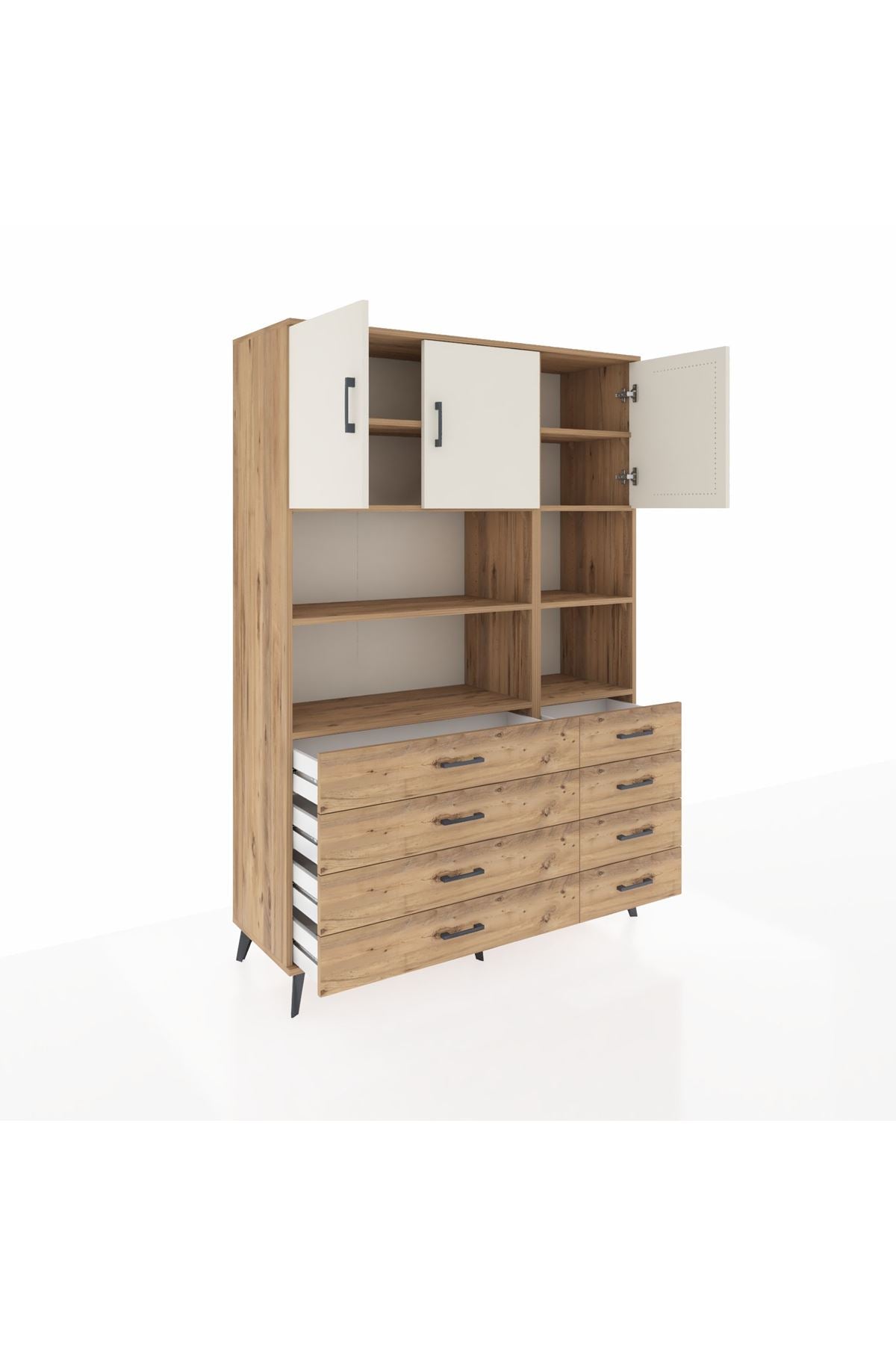 Hyperion Dolap 8 Raflı 8 Çekmeceli 3 Kapaklı 132x44x195 Çam-Aytaşı/Çam