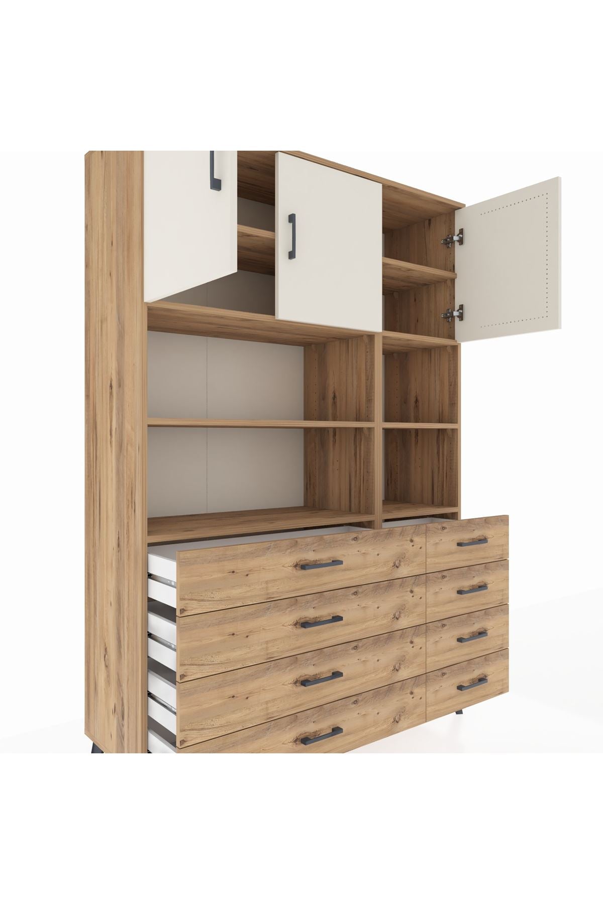 Hyperion Dolap 8 Raflı 8 Çekmeceli 3 Kapaklı 132x44x195 Çam-Aytaşı/Çam