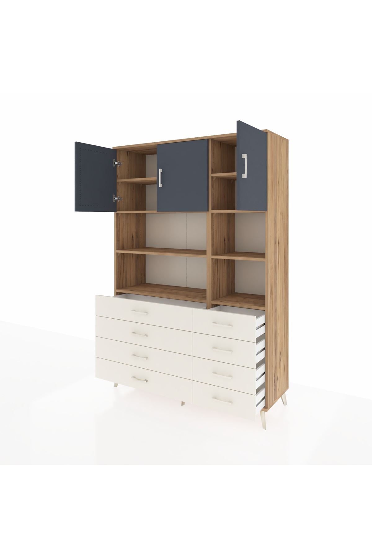 Hyperion Dolap 8 Raflı 8 Çekmeceli 3 Kapaklı 132x44x195 Çam-Antrasit/Aytaşı