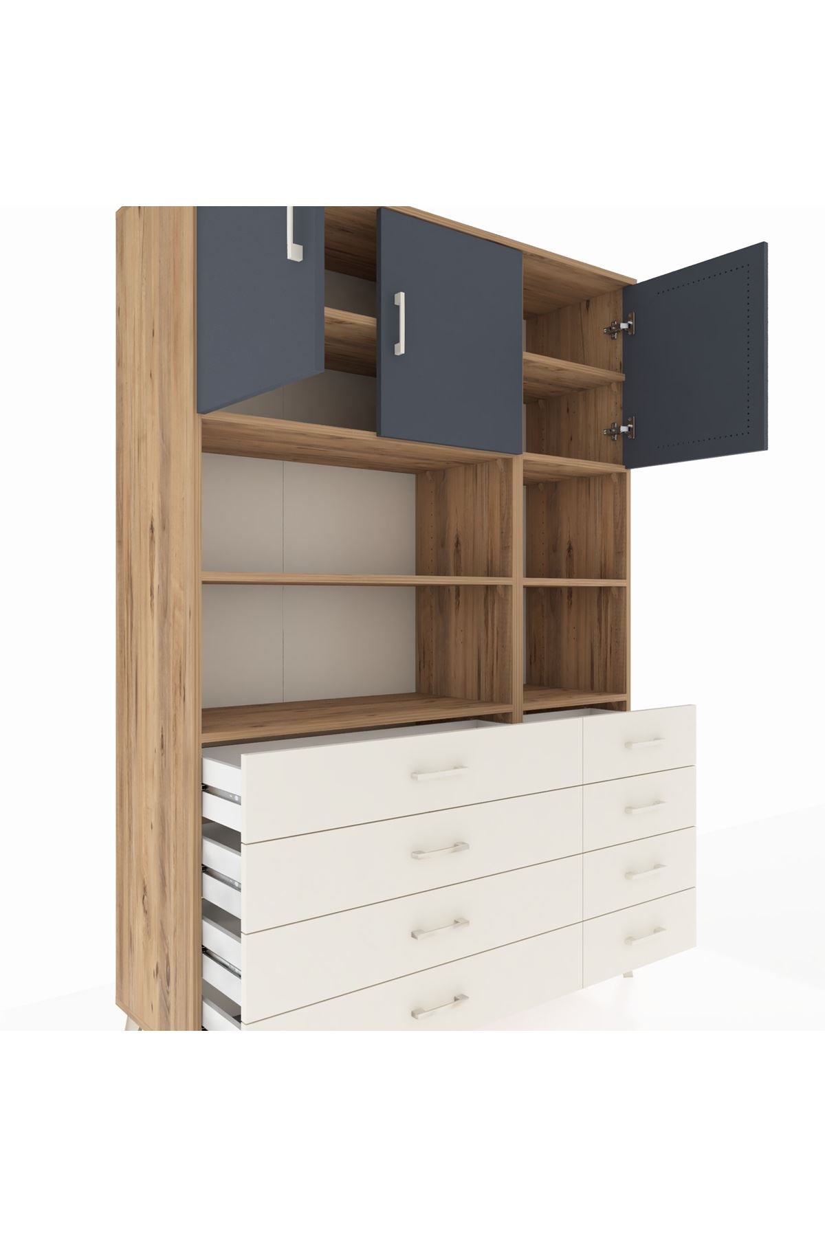 Hyperion Dolap 8 Raflı 8 Çekmeceli 3 Kapaklı 132x44x195 Çam-Antrasit/Aytaşı