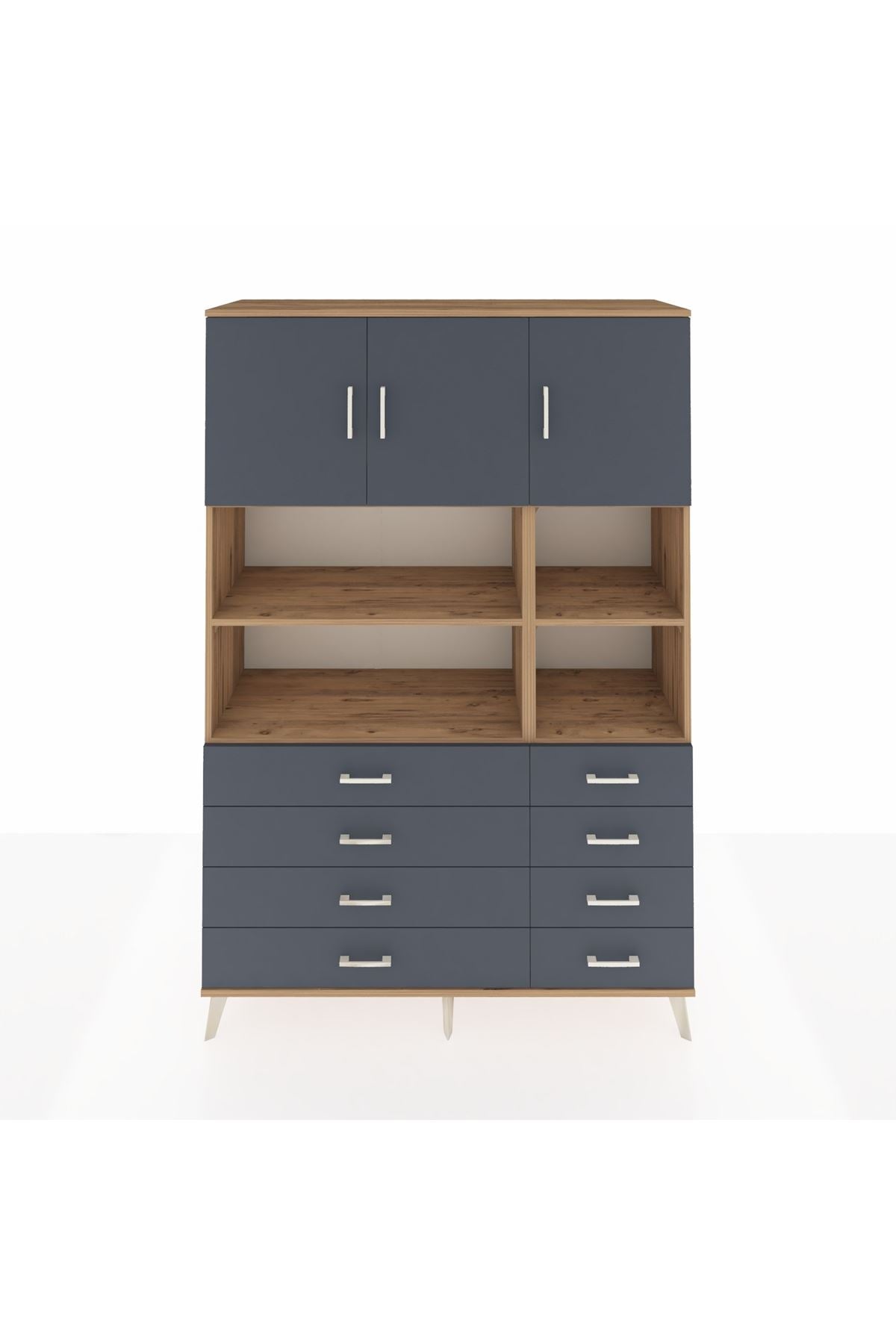 Hyperion Dolap 8 Raflı 8 Çekmeceli 3 Kapaklı 132x44x195 Çam-Antrasit/Antrasit