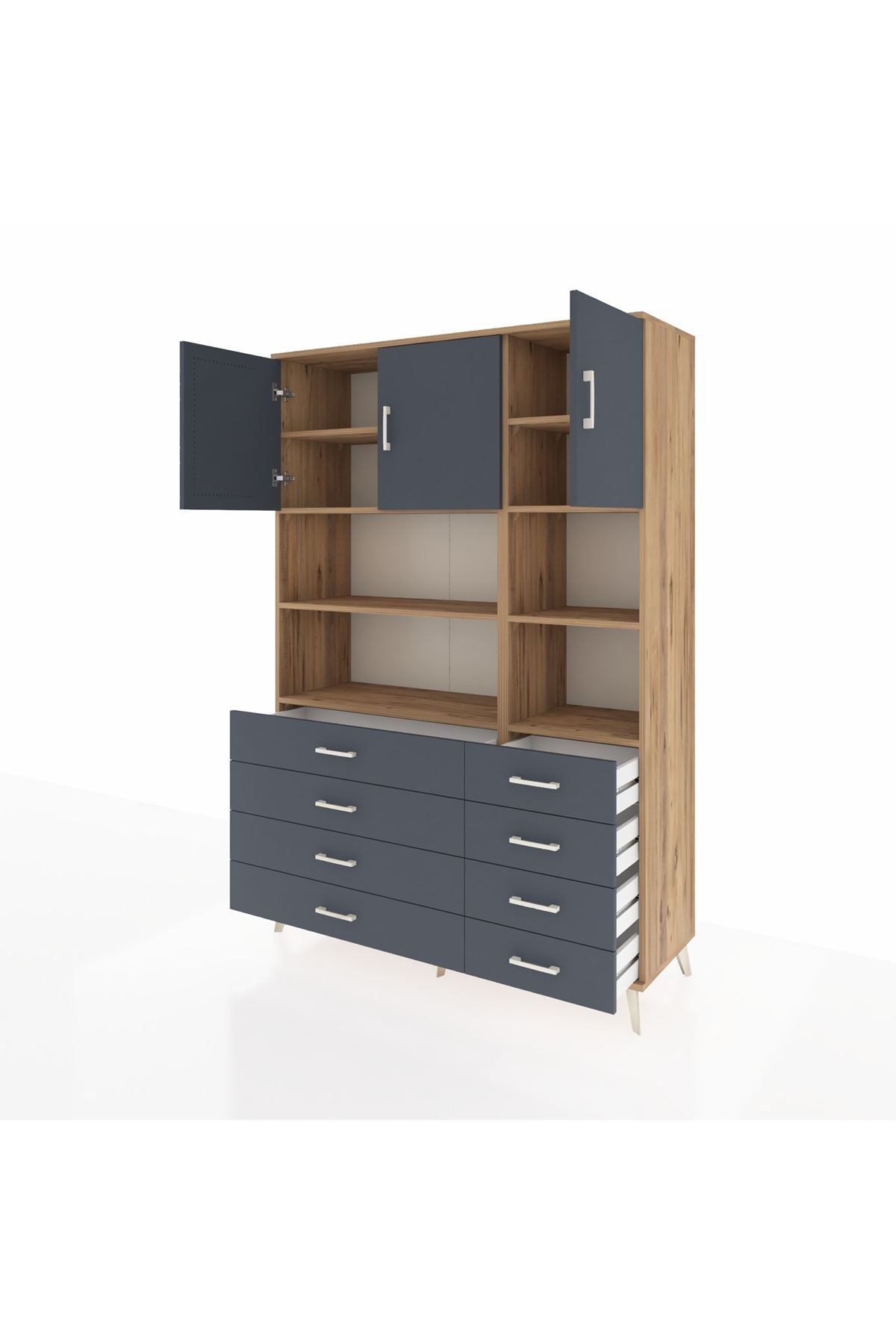 Hyperion Dolap 8 Raflı 8 Çekmeceli 3 Kapaklı 132x44x195 Çam-Antrasit/Antrasit