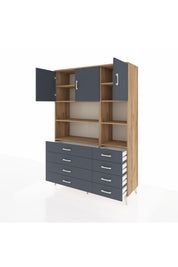 Hyperion Dolap 8 Raflı 8 Çekmeceli 3 Kapaklı 132x44x195 Çam-Antrasit/Antrasit