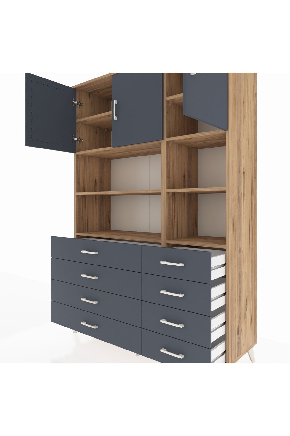 Hyperion Dolap 8 Raflı 8 Çekmeceli 3 Kapaklı 132x44x195 Çam-Antrasit/Antrasit