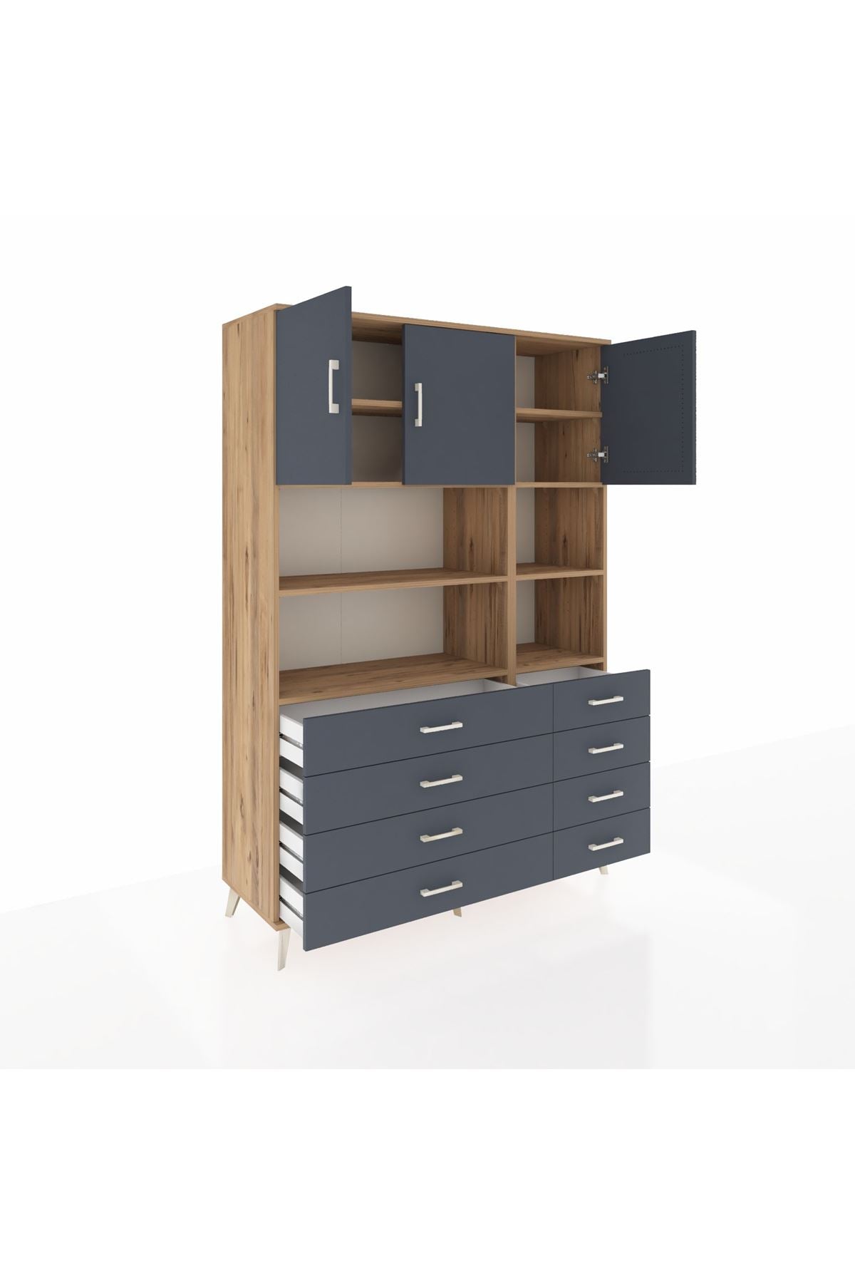 Hyperion Dolap 8 Raflı 8 Çekmeceli 3 Kapaklı 132x44x195 Çam-Antrasit/Antrasit