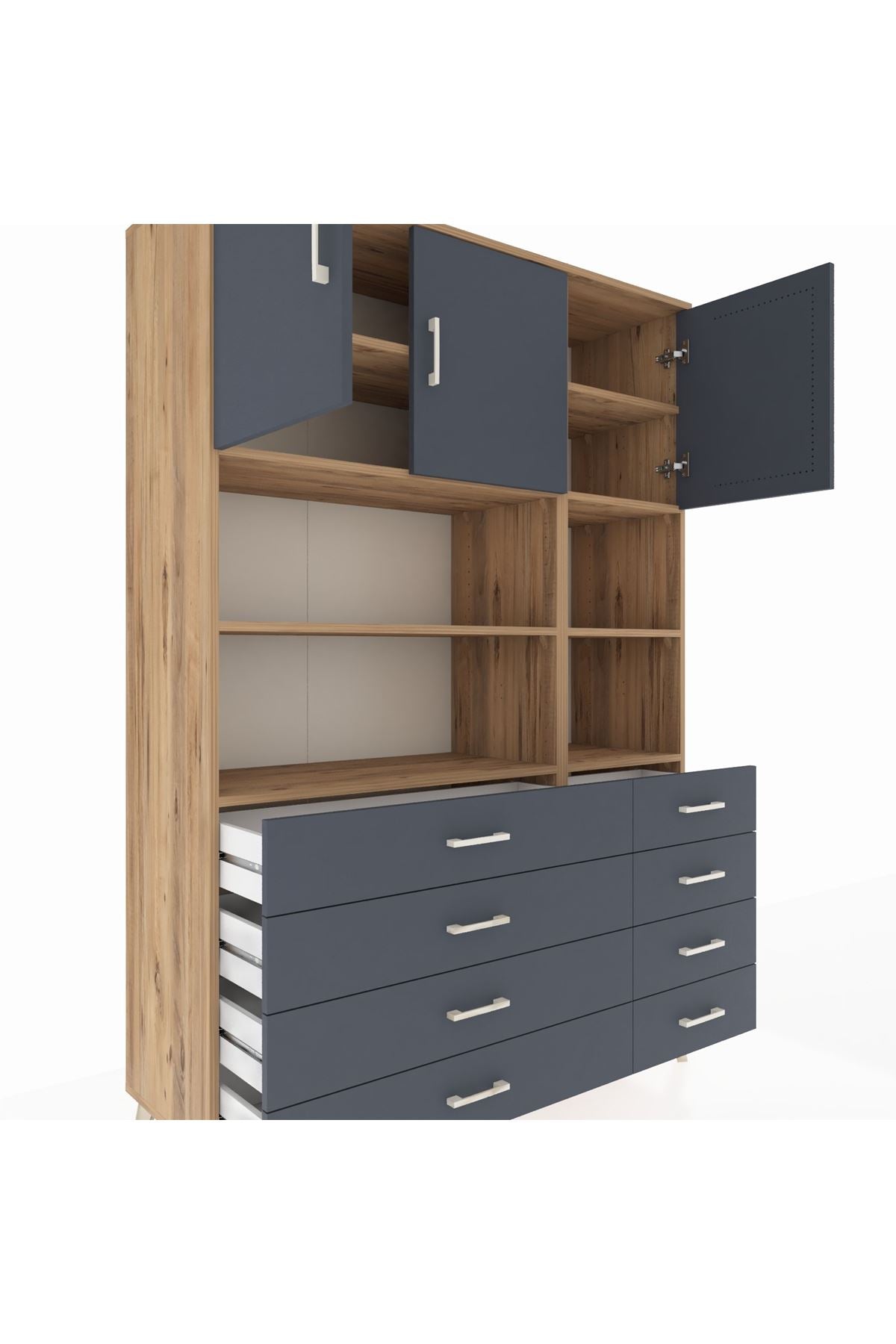Hyperion Dolap 8 Raflı 8 Çekmeceli 3 Kapaklı 132x44x195 Çam-Antrasit/Antrasit