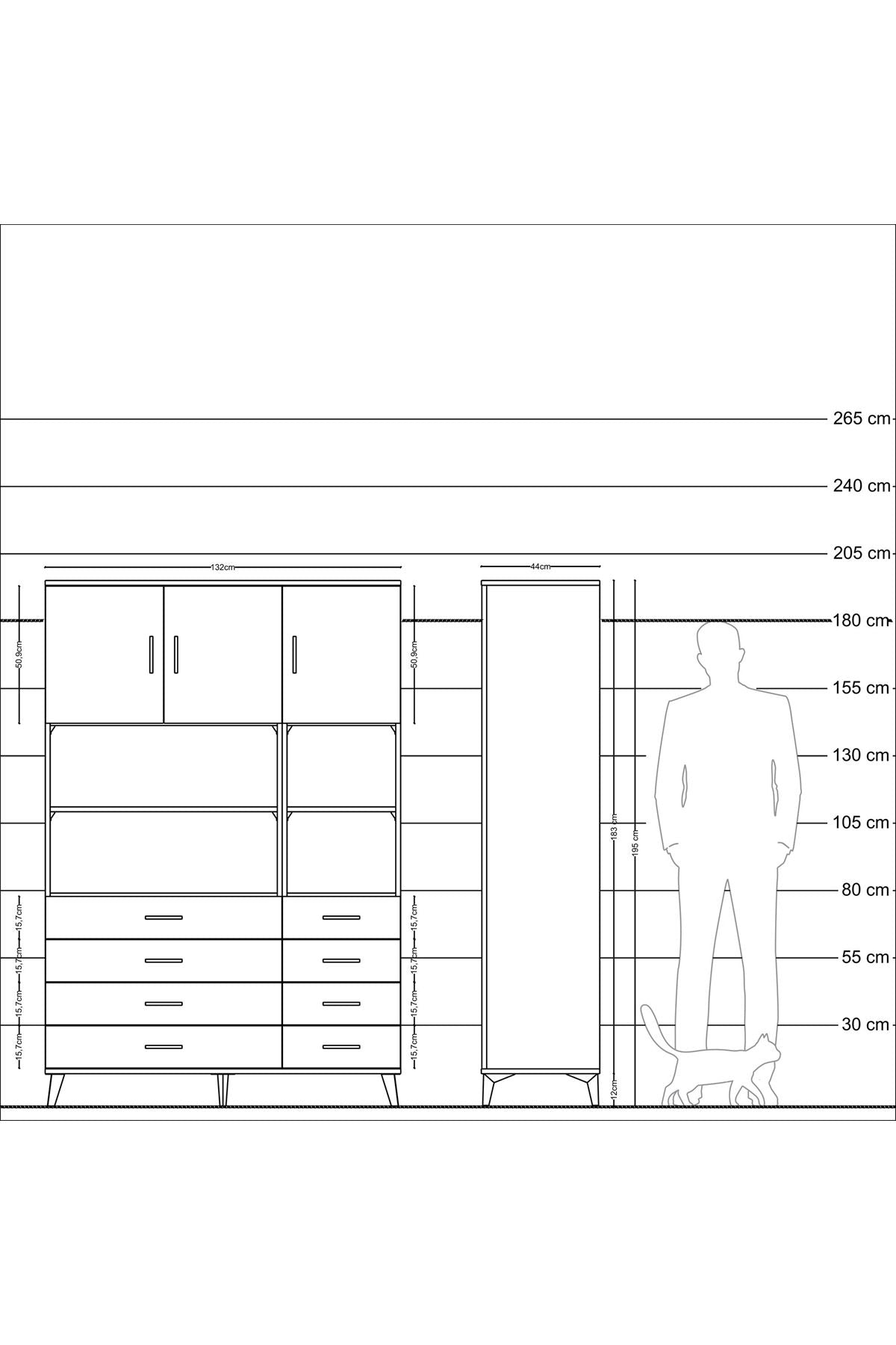 Hyperion Dolap 8 Raflı 8 Çekmeceli 3 Kapaklı 132x44x195 Çam-Antrasit/Antrasit