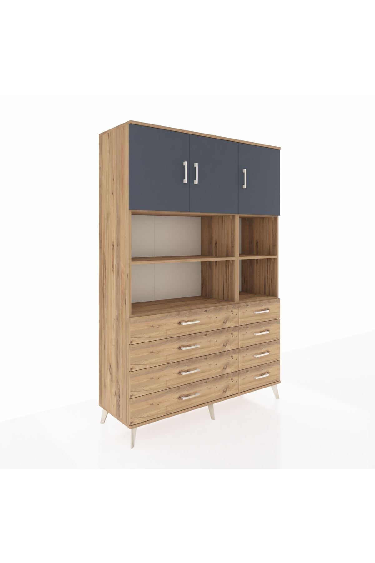 Hyperion Dolap 8 Raflı 8 Çekmeceli 3 Kapaklı 132x44x195 Çam-Antrasit/Çam
