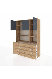 Hyperion Dolap 8 Raflı 8 Çekmeceli 3 Kapaklı 132x44x195 Çam-Antrasit/Çam
