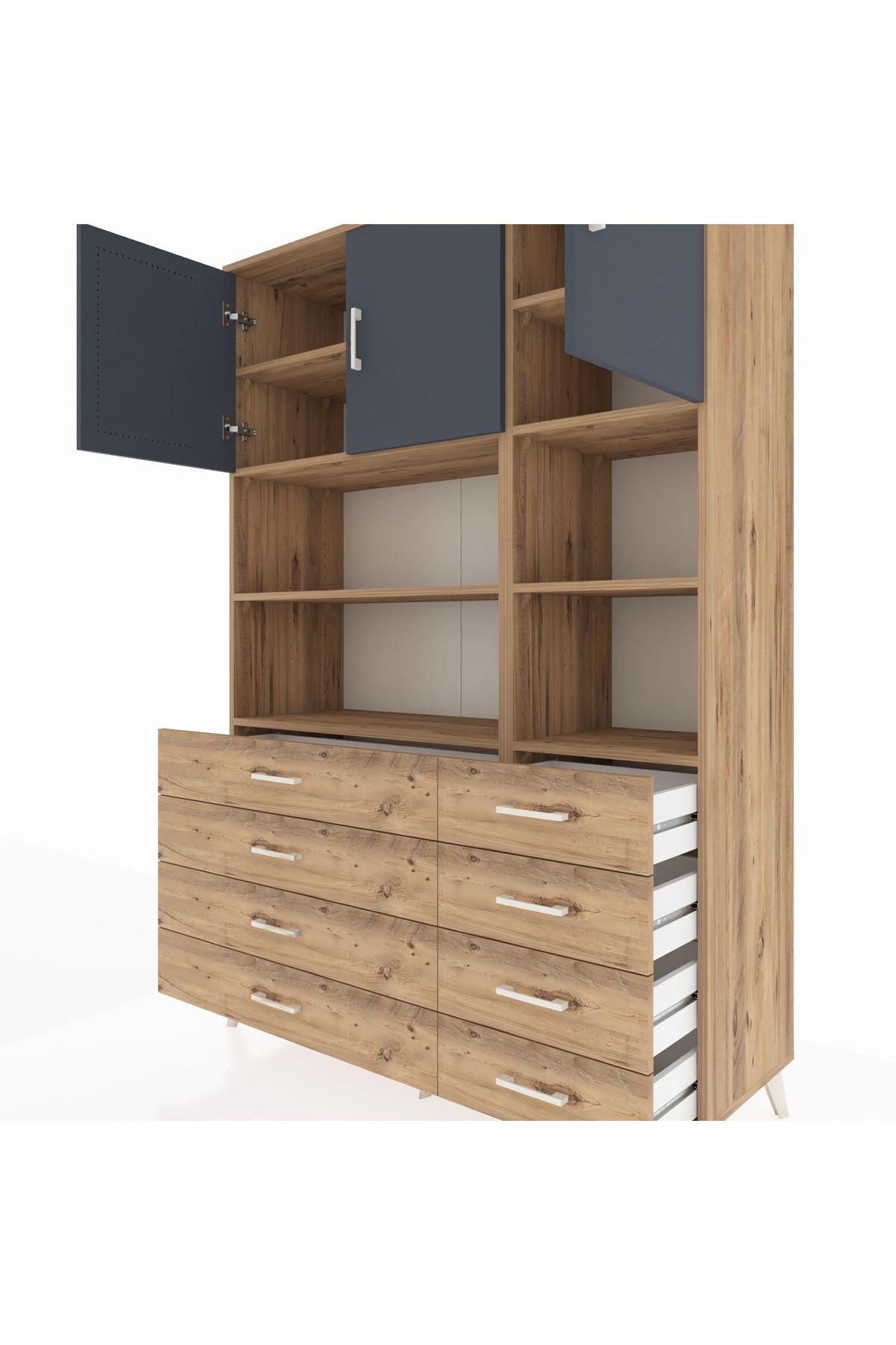 Hyperion Dolap 8 Raflı 8 Çekmeceli 3 Kapaklı 132x44x195 Çam-Antrasit/Çam