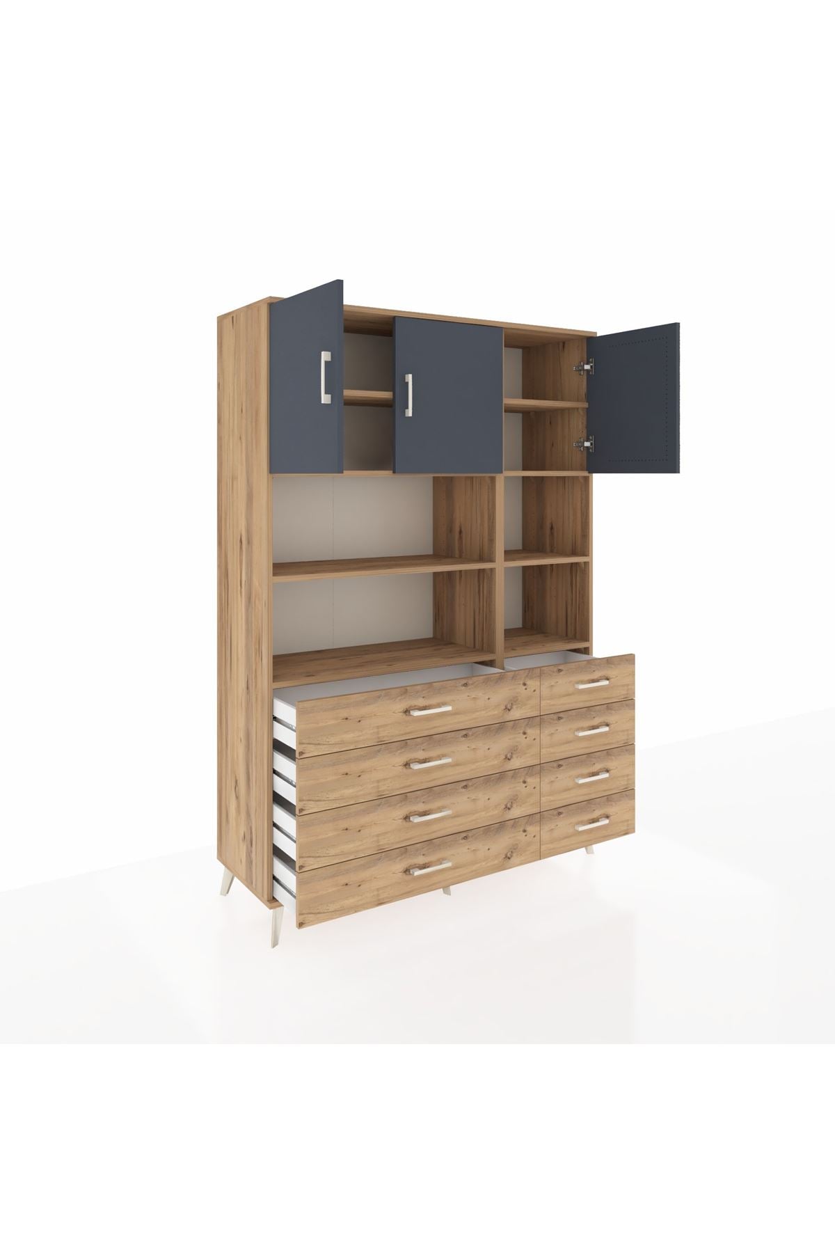Hyperion Dolap 8 Raflı 8 Çekmeceli 3 Kapaklı 132x44x195 Çam-Antrasit/Çam