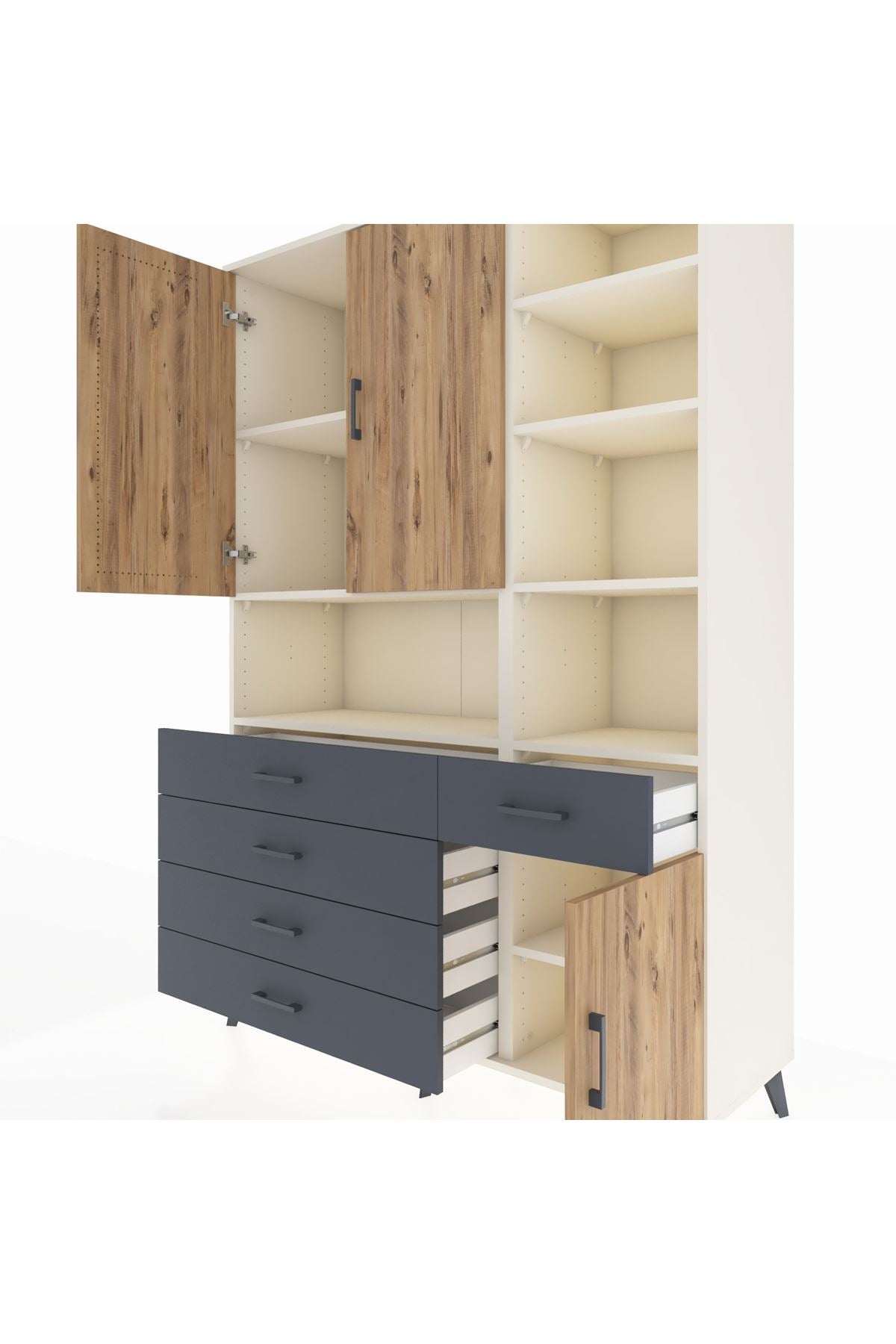 Hyperion Dolap 8 Raflı 5 Çekmeceli 3 Kapaklı 132x44x195 Aytaşı-Çam/Antrasit