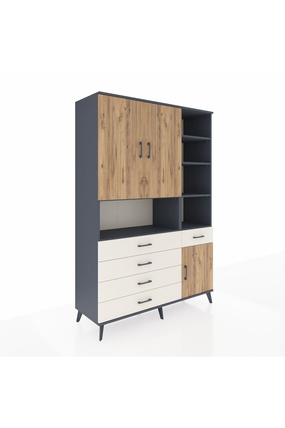 Hyperion Dolap 8 Raflı 5 Çekmeceli 3 Kapaklı 132x44x195 Antrasit-Çam/Aytaşı