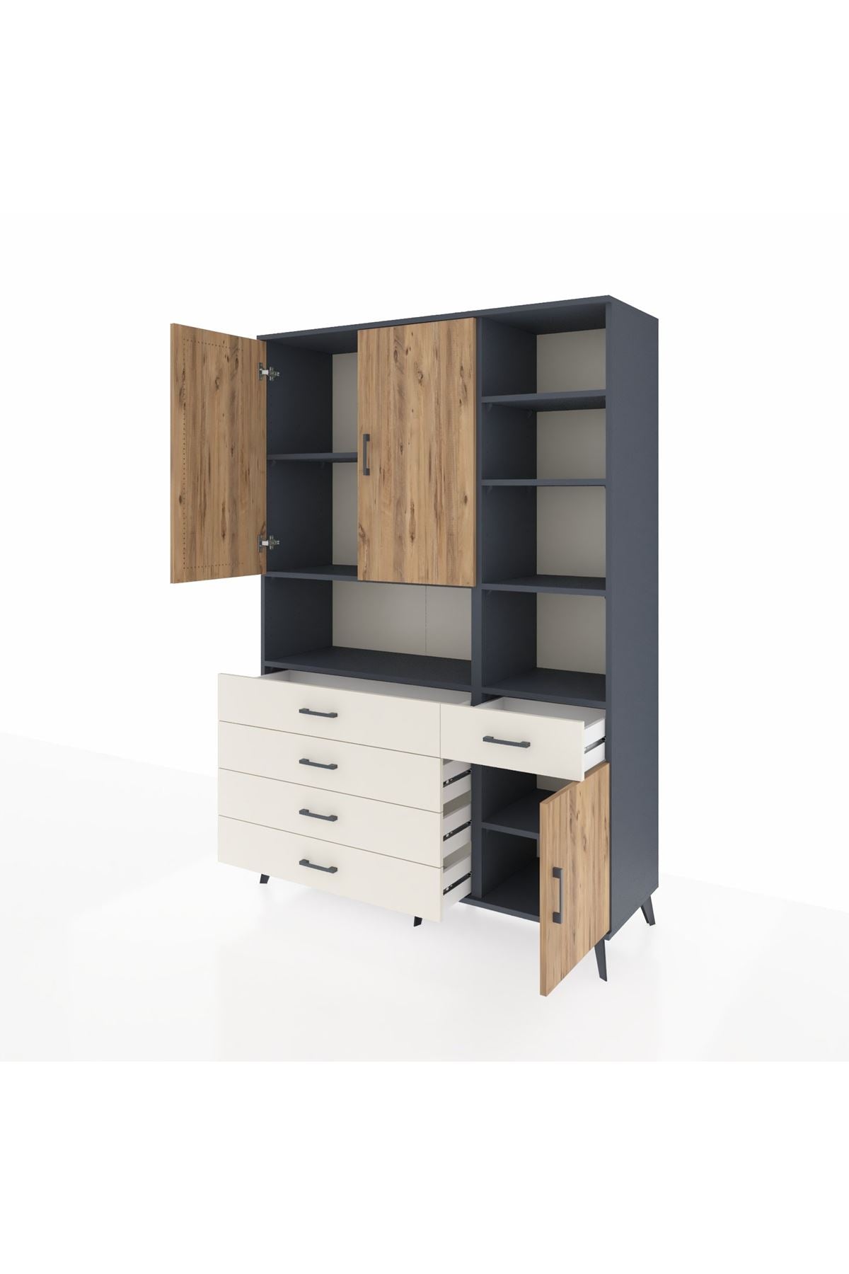 Hyperion Dolap 8 Raflı 5 Çekmeceli 3 Kapaklı 132x44x195 Antrasit-Çam/Aytaşı