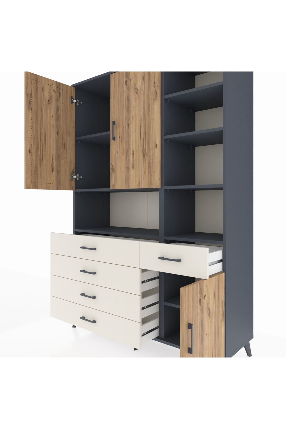 Hyperion Dolap 8 Raflı 5 Çekmeceli 3 Kapaklı 132x44x195 Antrasit-Çam/Aytaşı