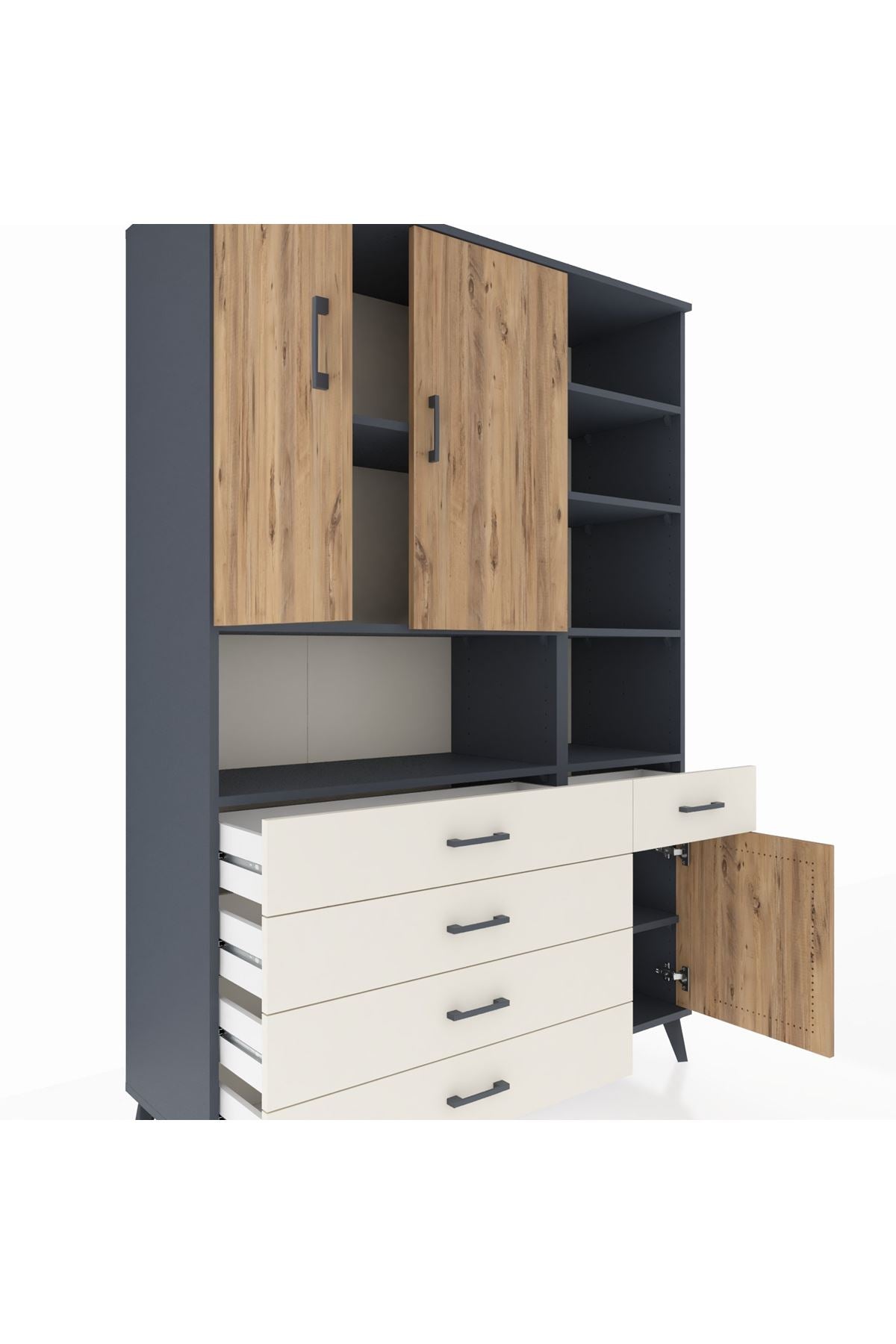 Hyperion Dolap 8 Raflı 5 Çekmeceli 3 Kapaklı 132x44x195 Antrasit-Çam/Aytaşı