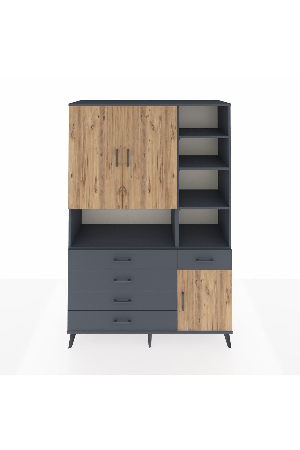 Hyperion Dolap 8 Raflı 5 Çekmeceli 3 Kapaklı 132x44x195 Antrasit-Çam/Antrasit
