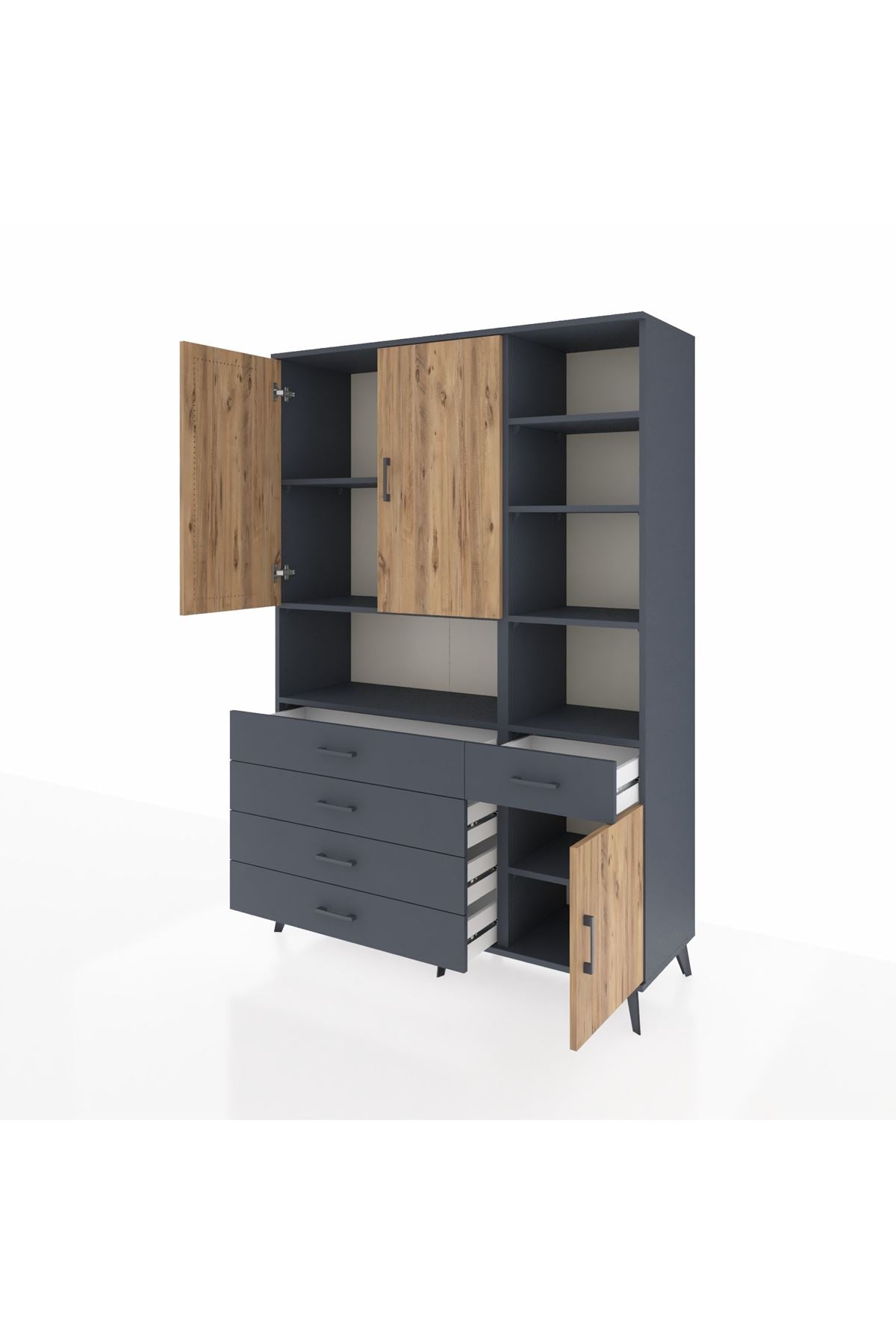 Hyperion Dolap 8 Raflı 5 Çekmeceli 3 Kapaklı 132x44x195 Antrasit-Çam/Antrasit