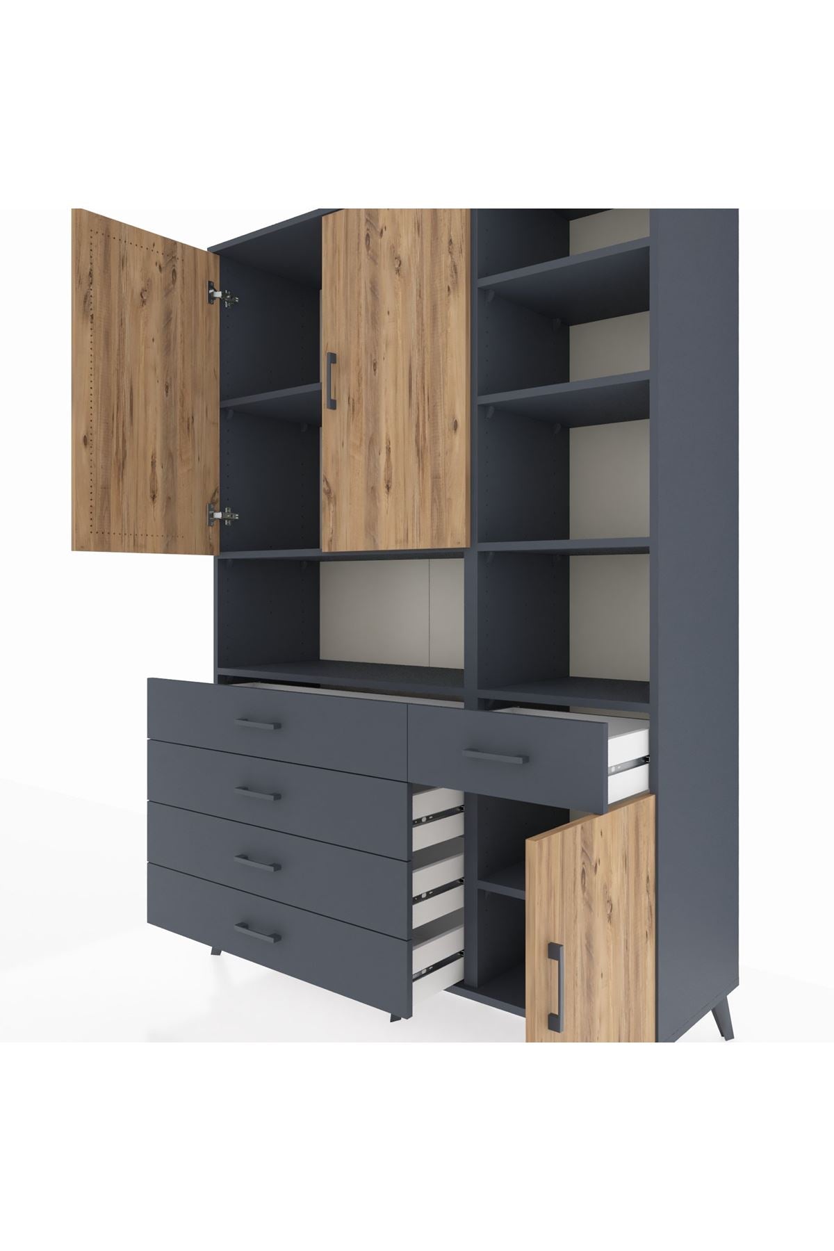 Hyperion Dolap 8 Raflı 5 Çekmeceli 3 Kapaklı 132x44x195 Antrasit-Çam/Antrasit