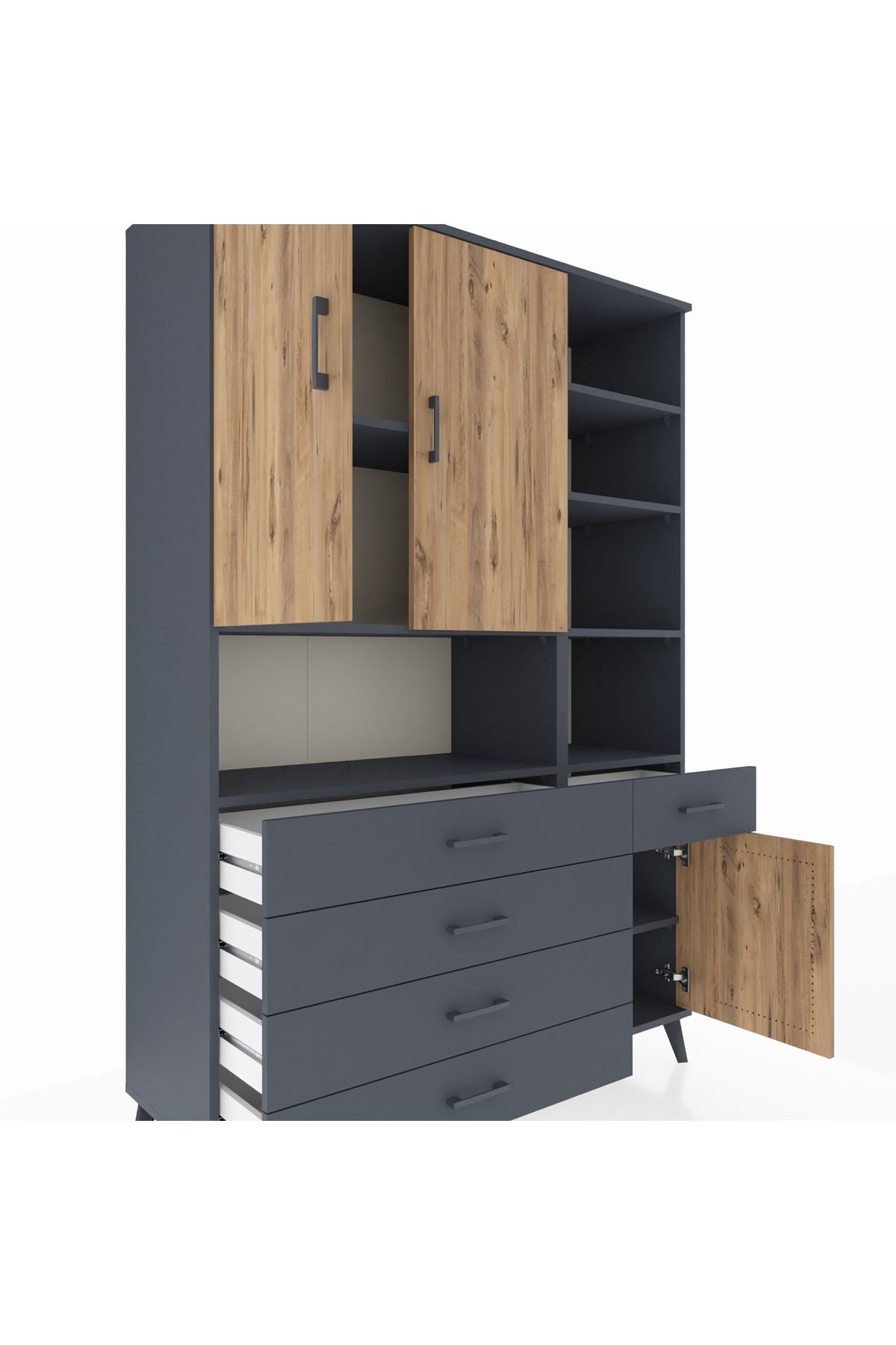 Hyperion Dolap 8 Raflı 5 Çekmeceli 3 Kapaklı 132x44x195 Antrasit-Çam/Antrasit