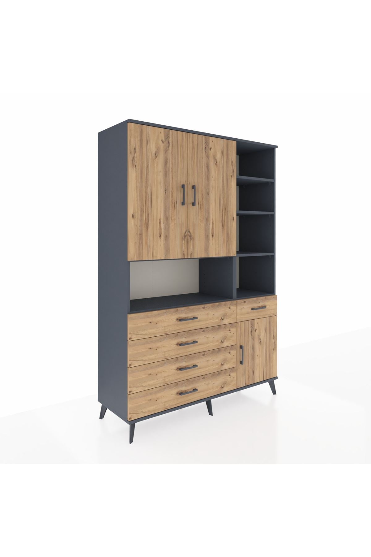 Hyperion Dolap 8 Raflı 5 Çekmeceli 3 Kapaklı 132x44x195 Antrasit-Çam/Çam