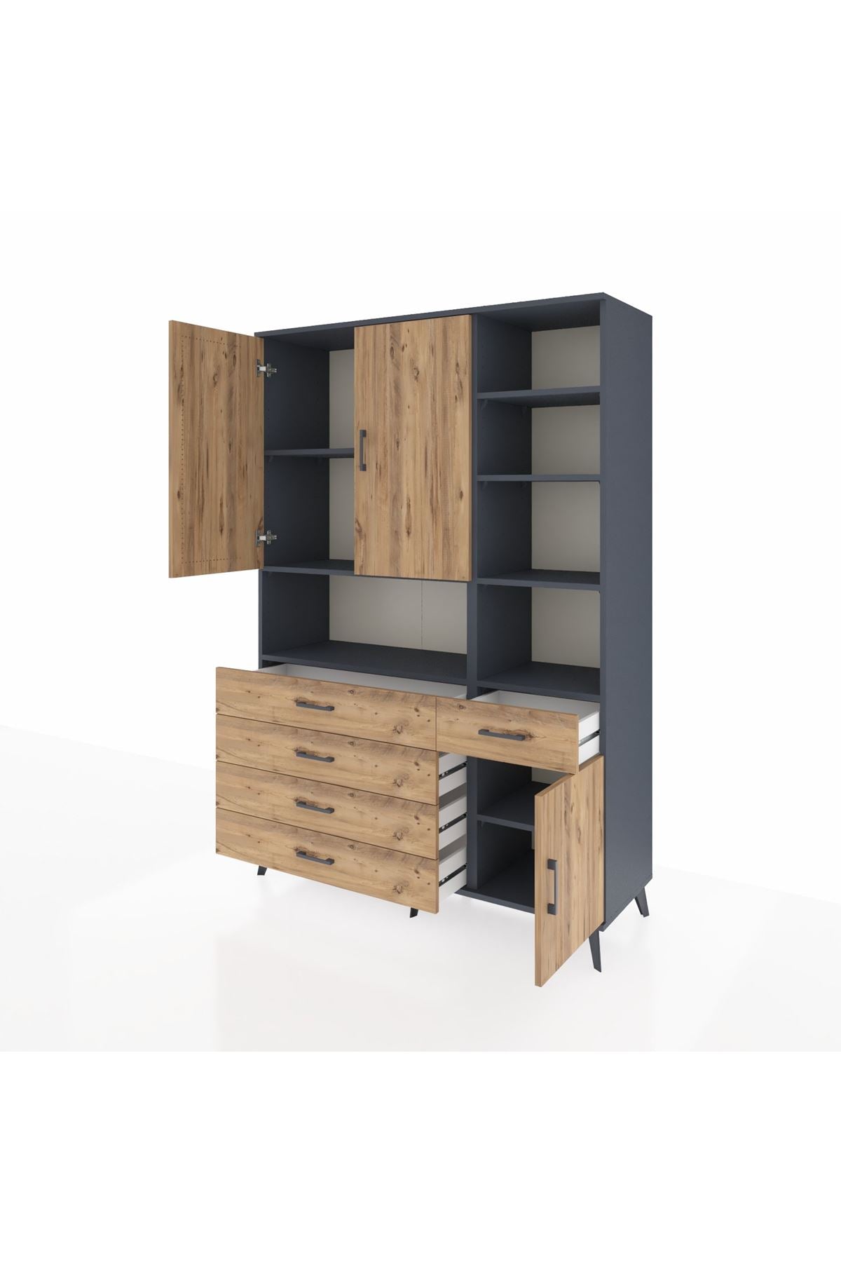 Hyperion Dolap 8 Raflı 5 Çekmeceli 3 Kapaklı 132x44x195 Antrasit-Çam/Çam