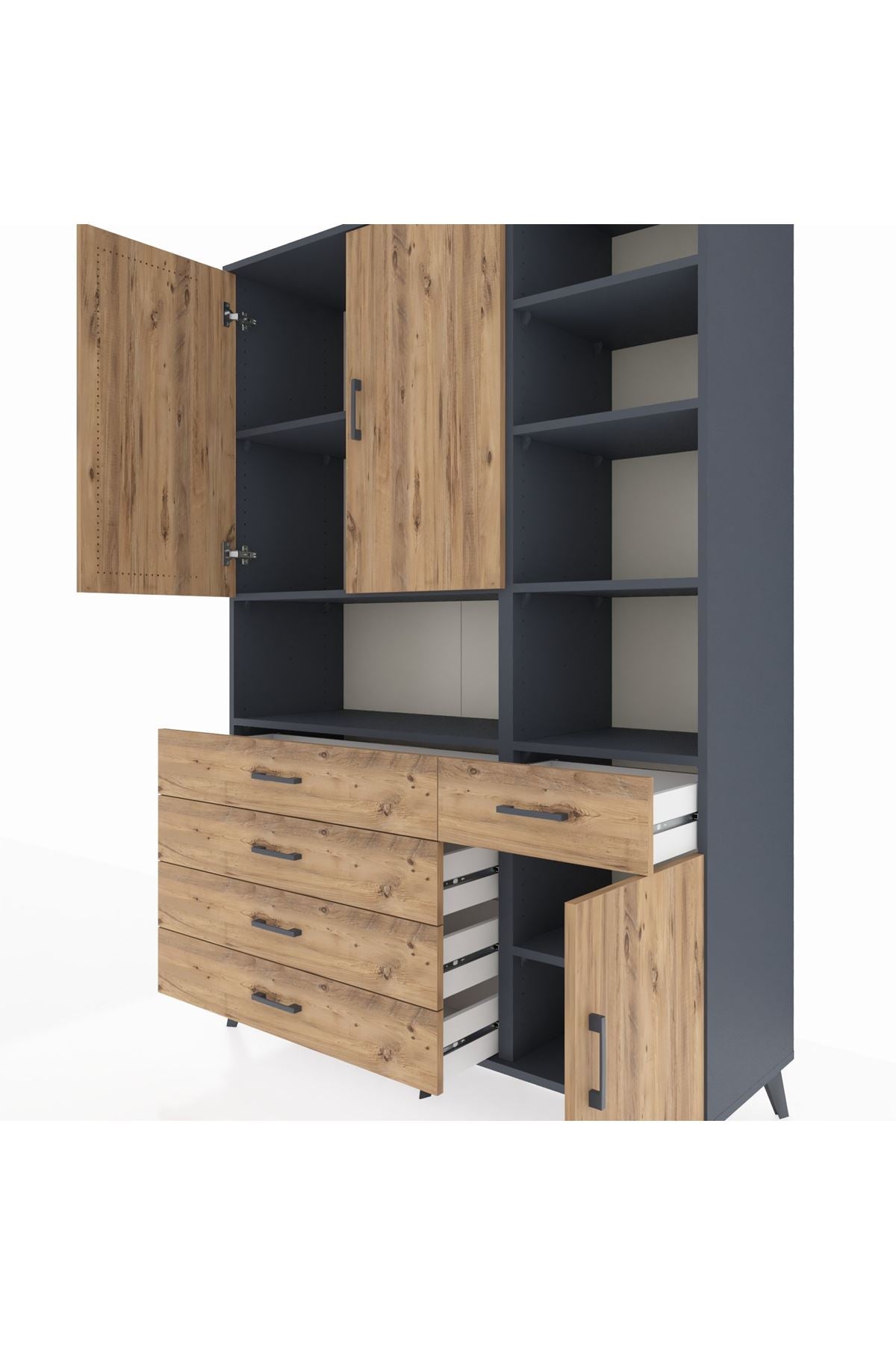 Hyperion Dolap 8 Raflı 5 Çekmeceli 3 Kapaklı 132x44x195 Antrasit-Çam/Çam
