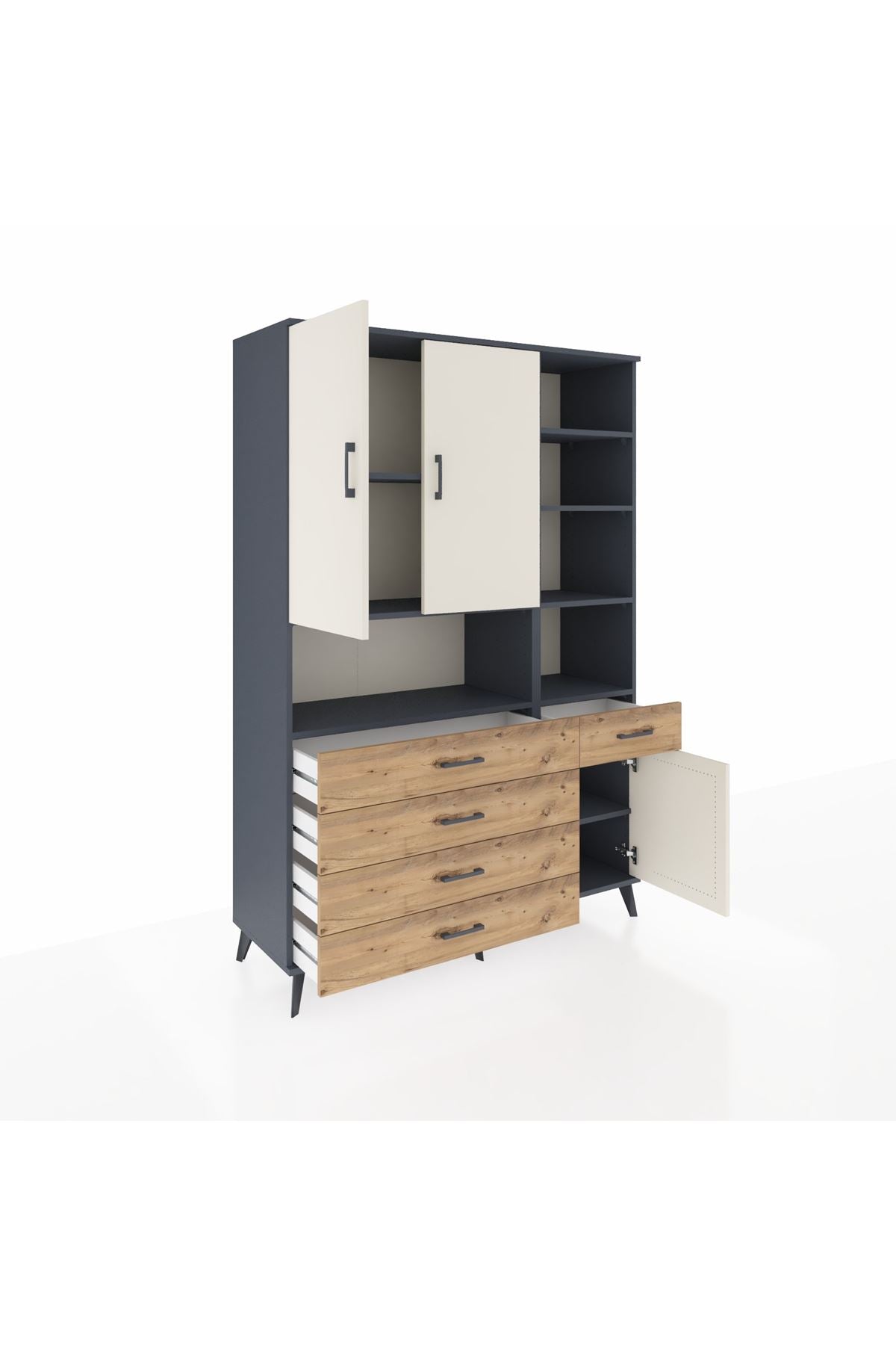 Hyperion Dolap 8 Raflı 5 Çekmeceli 3 Kapaklı 132x44x195 Antrasit-Aytaşı/Çam