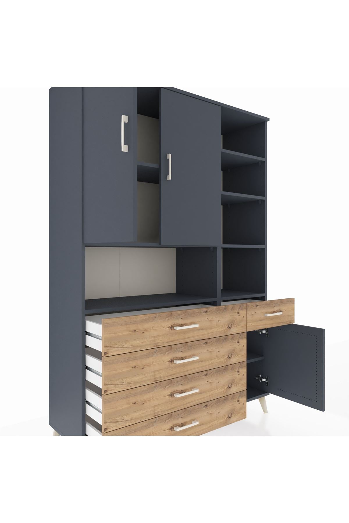 Hyperion Dolap 8 Raflı 5 Çekmeceli 3 Kapaklı 132x44x195 Antrasit-Antrasit/Çam