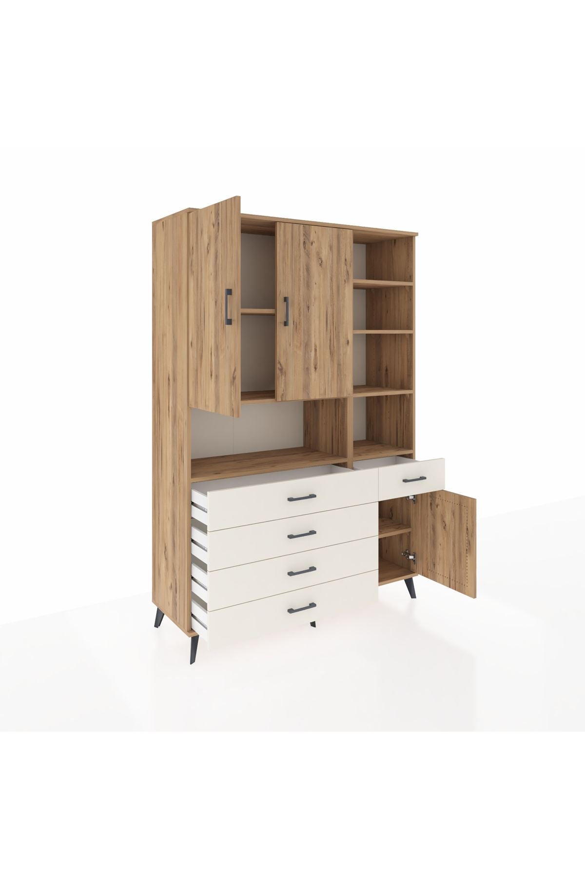 Hyperion Dolap 8 Raflı 5 Çekmeceli 3 Kapaklı 132x44x195 Çam-Çam/Aytaşı